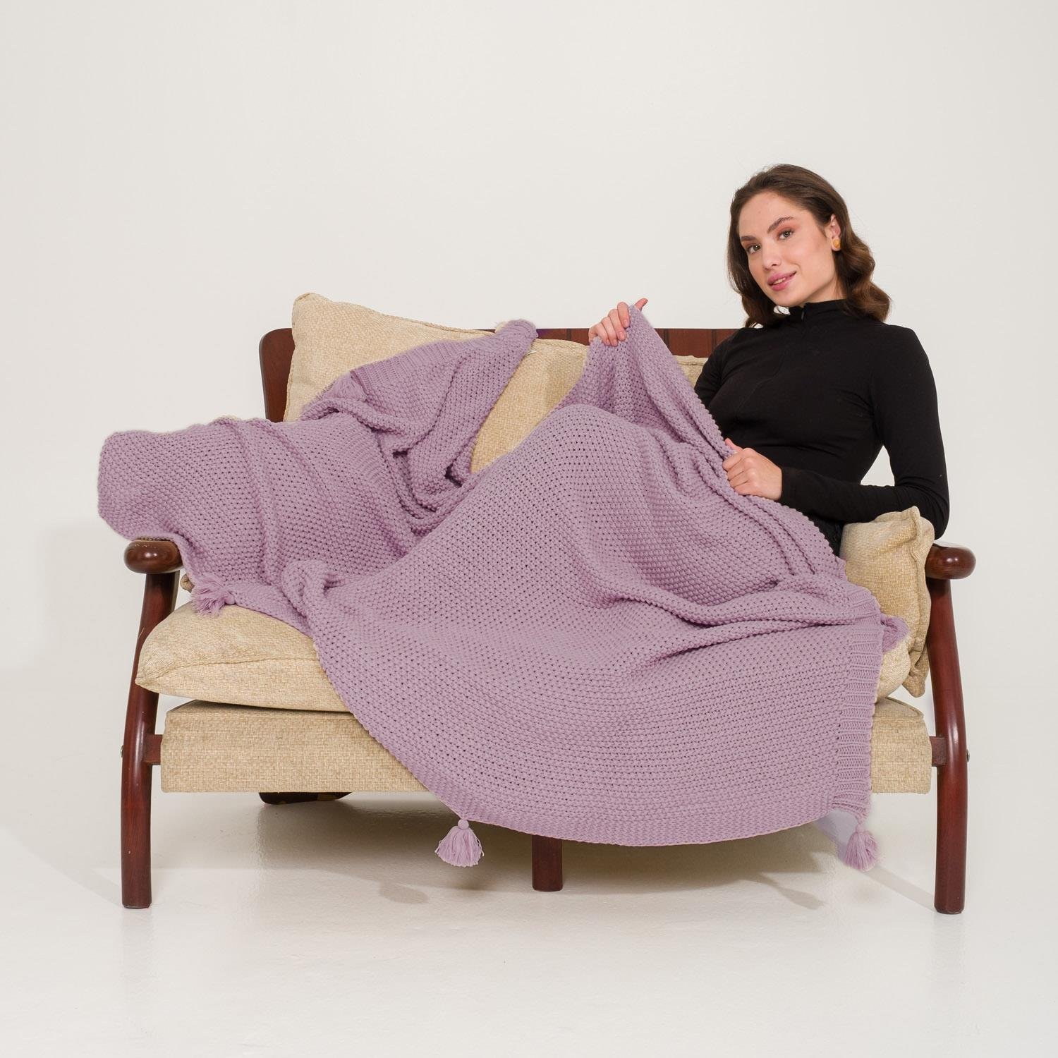 Battaniye - Coco Pirinç Örgü Ponponlu Triko Tv Battaniyesi Throw Koltuk Şalı - Miespiga