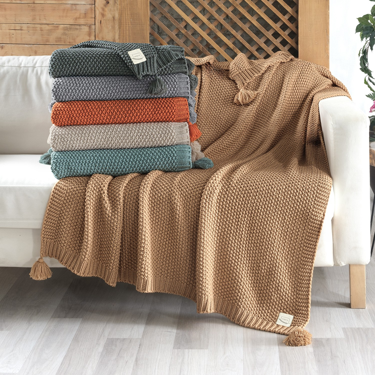 Battaniye - Coco Pirinç Örgü Ponponlu Triko Tv Battaniyesi Throw Koltuk Şalı - Miespiga