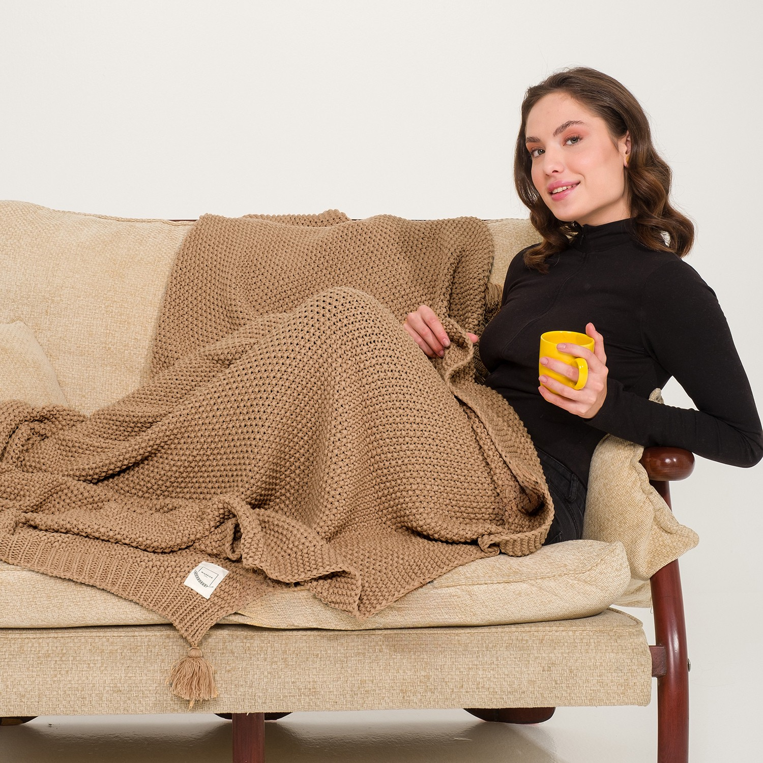 Battaniye - Coco Pirinç Örgü Ponponlu Triko Tv Battaniyesi Throw Koltuk Şalı - Miespiga