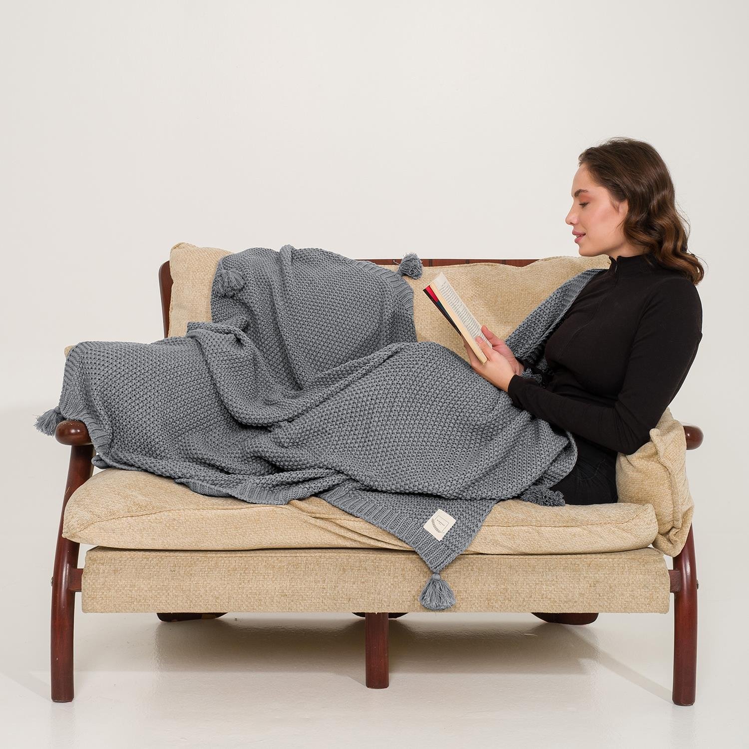 Battaniye - Coco Pirinç Örgü Ponponlu Triko Tv Battaniyesi Throw Koltuk Şalı - Miespiga