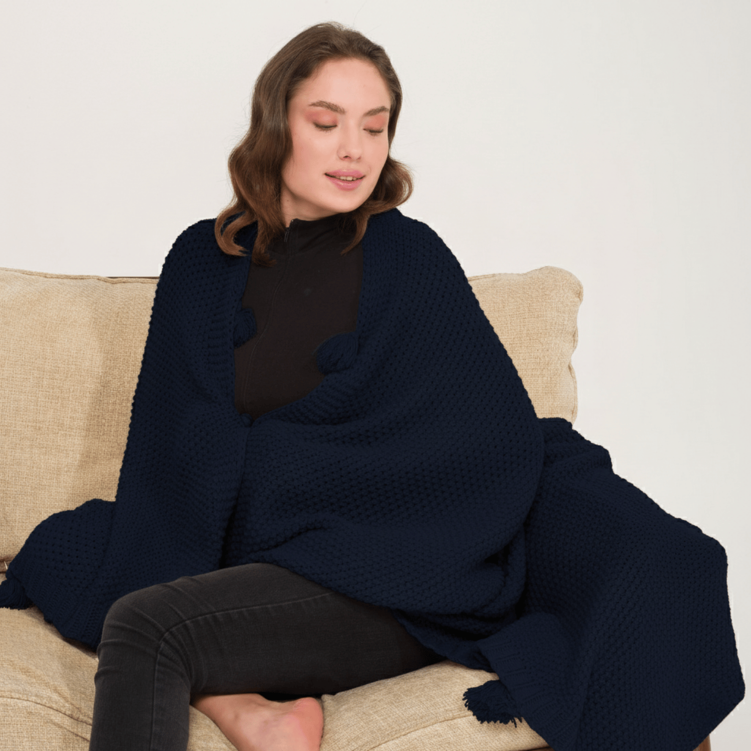 Koltuk Şalı - Coco Pirinç Örgü Ponponlu Triko Tv Battaniyesi Throw Koltuk Şalı - Miespiga