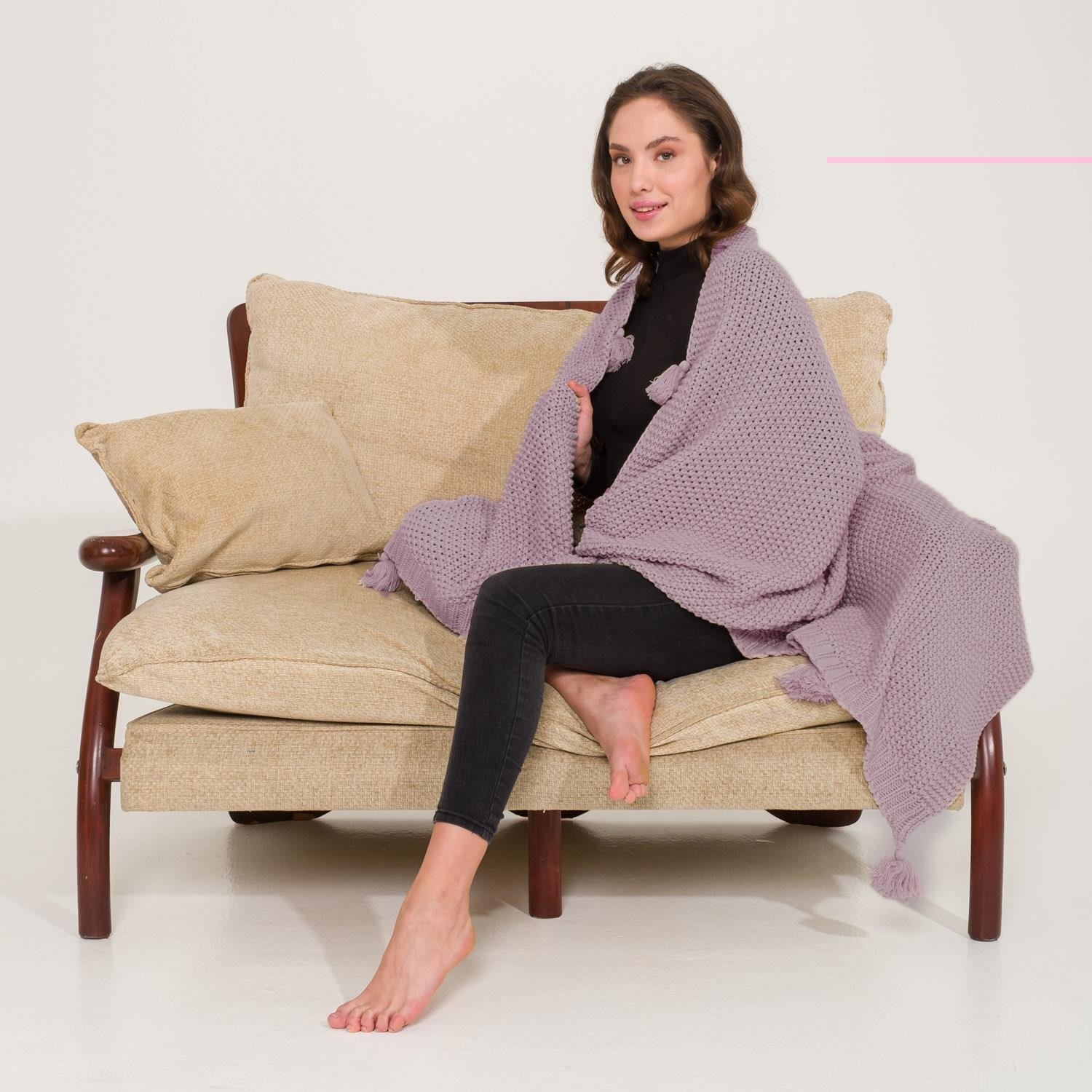 Battaniye - Coco Pirinç Örgü Ponponlu Triko Tv Battaniyesi Throw Koltuk Şalı - Miespiga