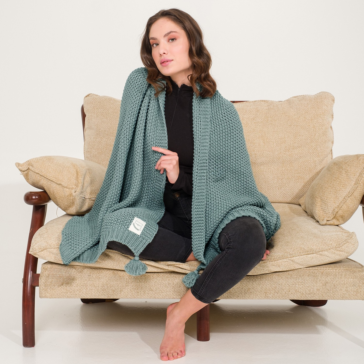 Battaniye - Coco Pirinç Örgü Ponponlu Triko Tv Battaniyesi Throw Koltuk Şalı - Miespiga