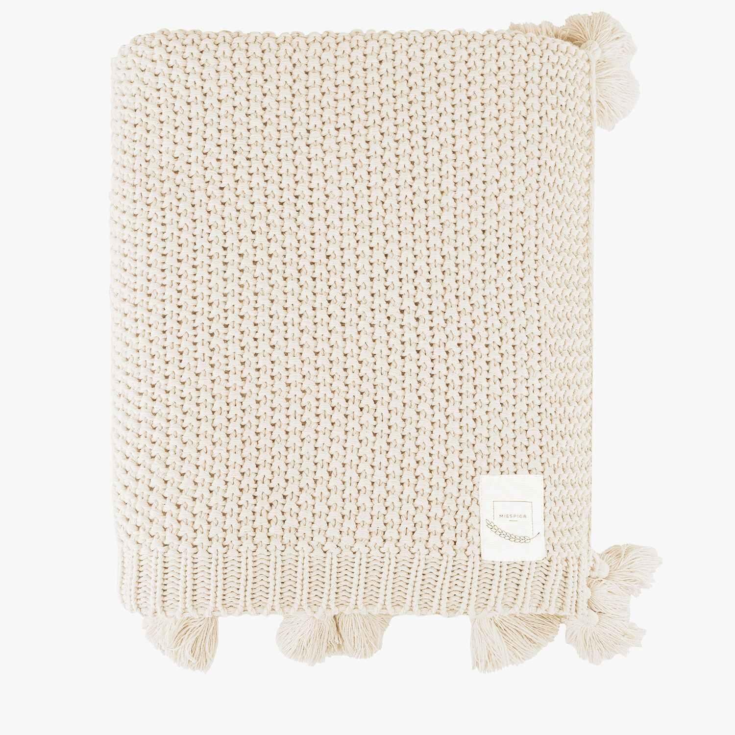 Battaniye - Coco Pirinç Örgü Ponponlu Triko Tv Battaniyesi Throw Koltuk Şalı - Miespiga