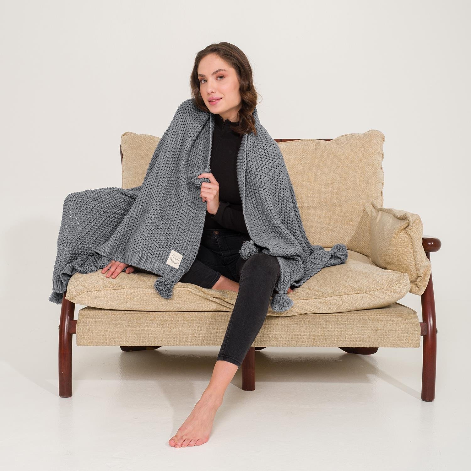 Battaniye - Coco Pirinç Örgü Ponponlu Triko Tv Battaniyesi Throw Koltuk Şalı - Miespiga