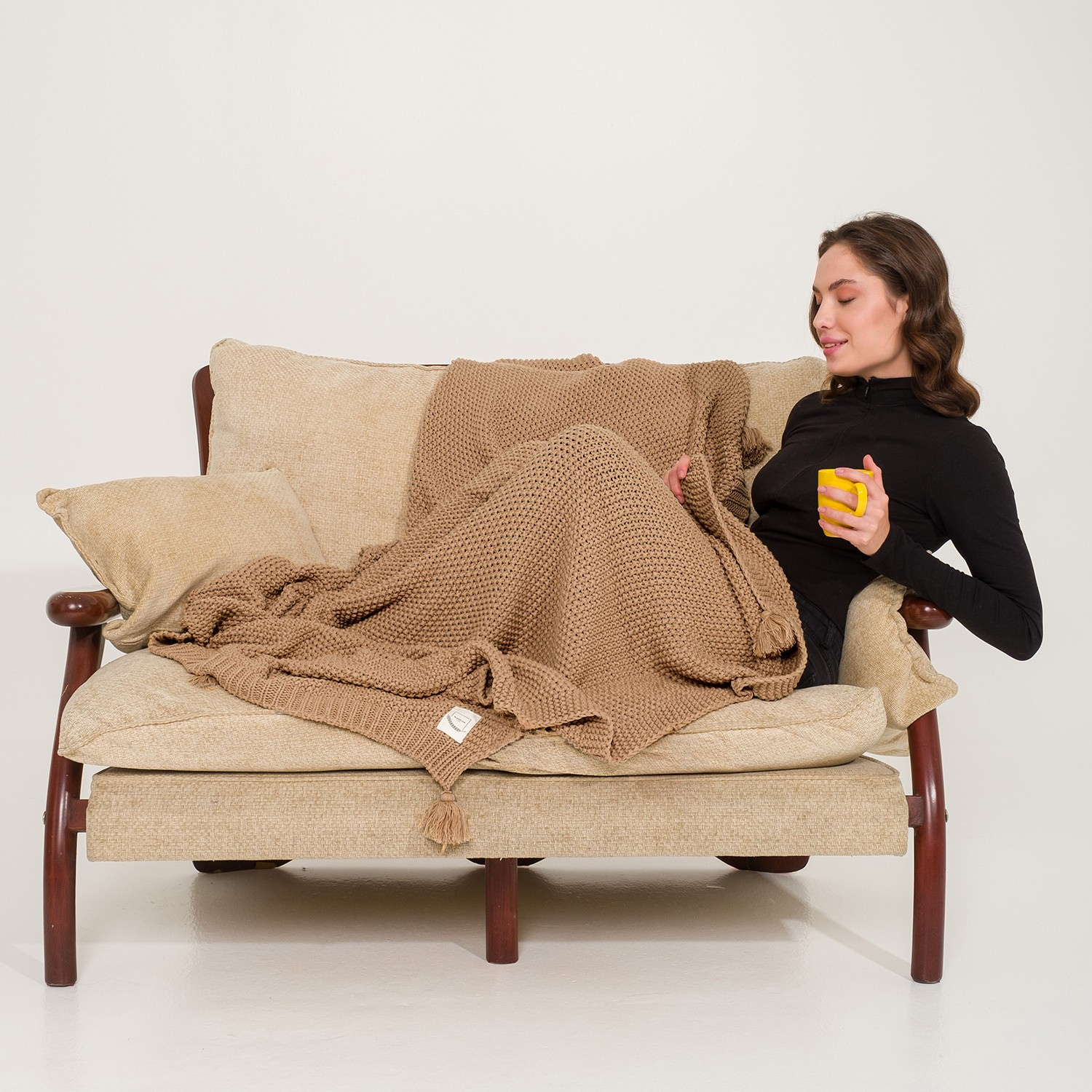 Battaniye - Coco Pirinç Örgü Ponponlu Triko Tv Battaniyesi Throw Koltuk Şalı - Miespiga