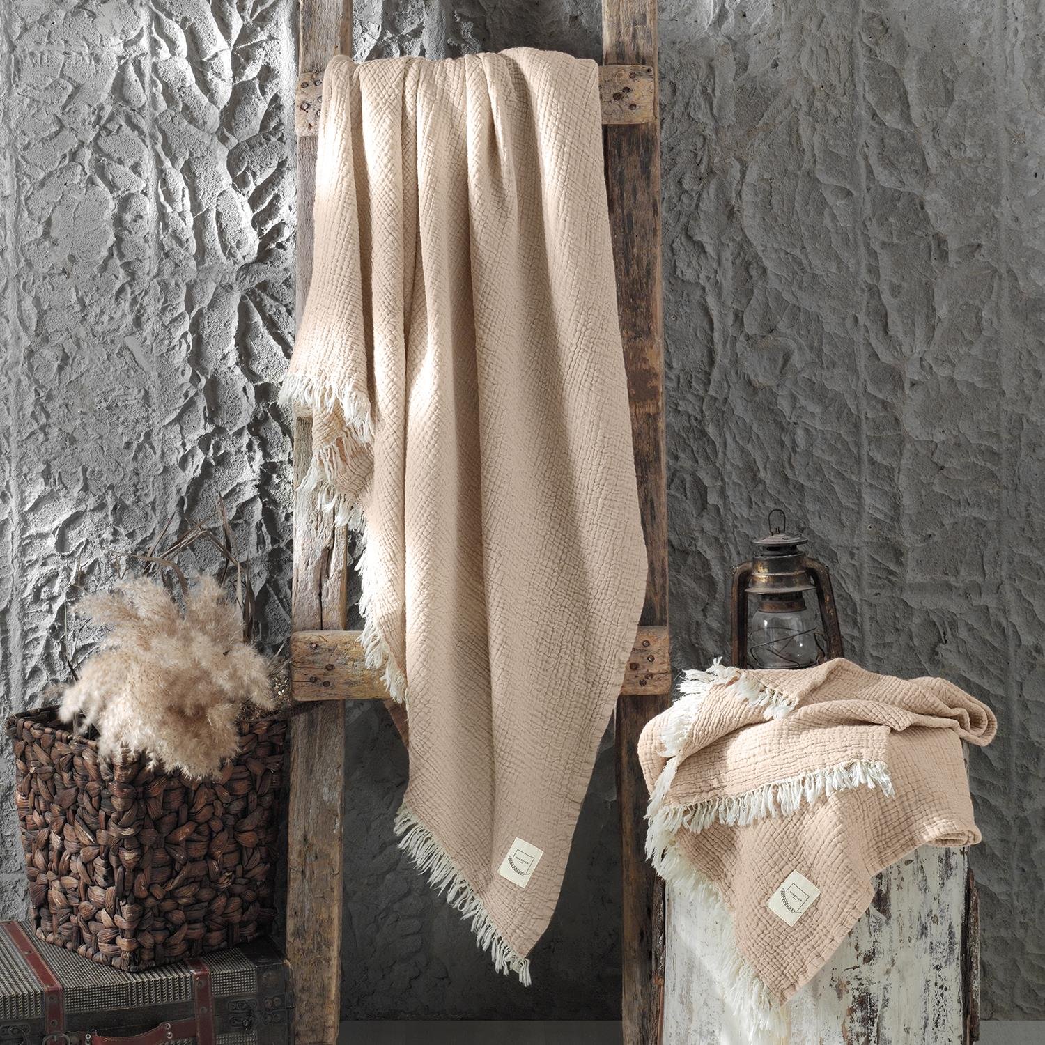 Müslin Örtüler ve Şallar - Gold 3 Kat Müslin Çok Amaçlı Koltuk Şalı Örtü Throw 125x190 - Miespiga