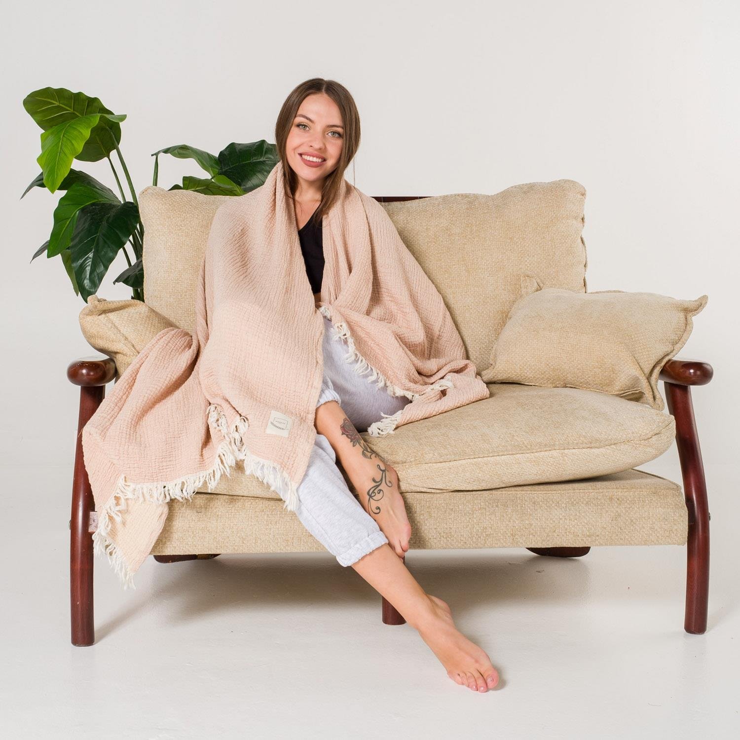 Müslin Örtüler ve Şallar - Gold 3 Kat Müslin Çok Amaçlı Koltuk Şalı Örtü Throw 125x190 - Miespiga