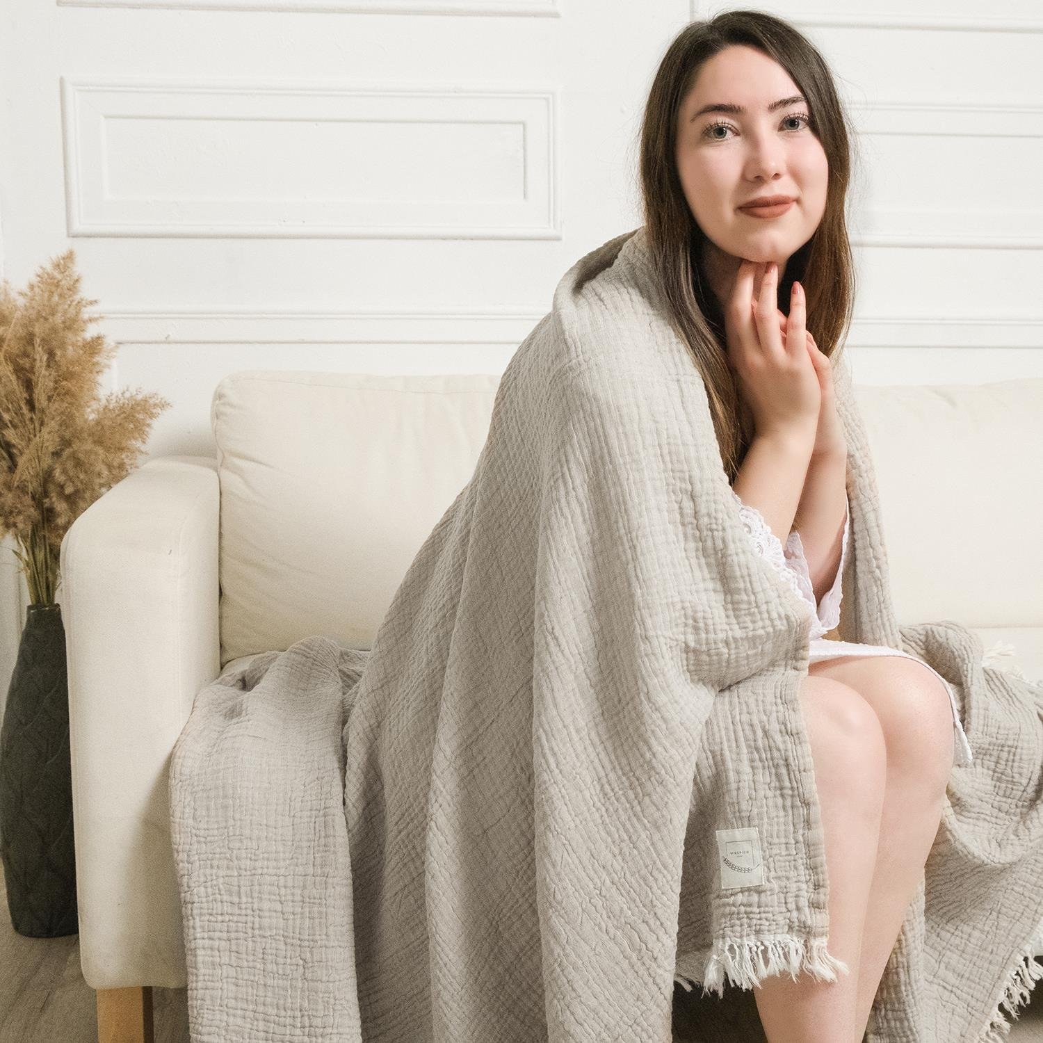 Müslin Örtüler ve Şallar - Gold 3 Kat Müslin Çok Amaçlı Koltuk Şalı Örtü Throw 125x190 - Miespiga