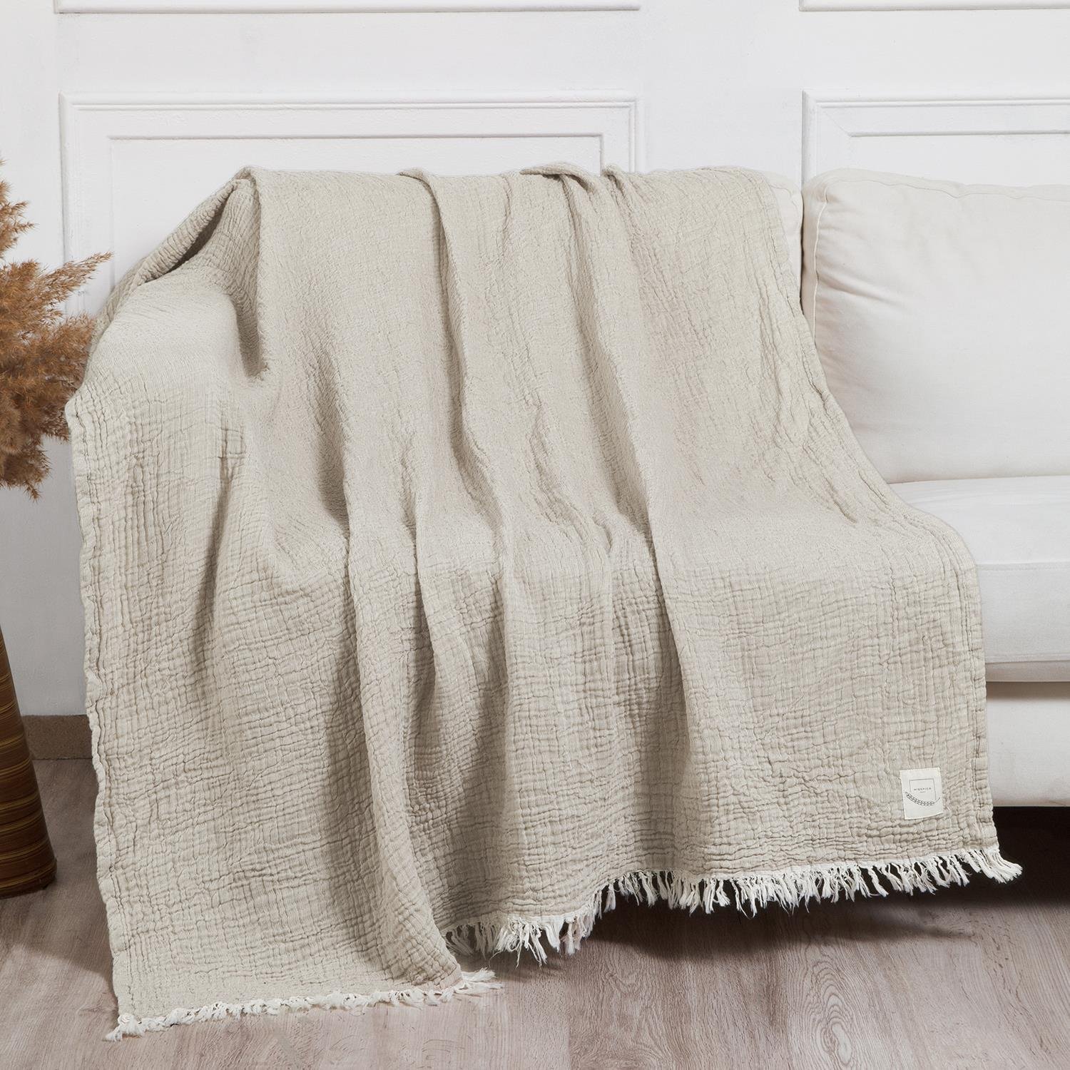 Müslin Örtüler ve Şallar - Gold 3 Kat Müslin Çok Amaçlı Koltuk Şalı Örtü Throw 125x190 - Miespiga