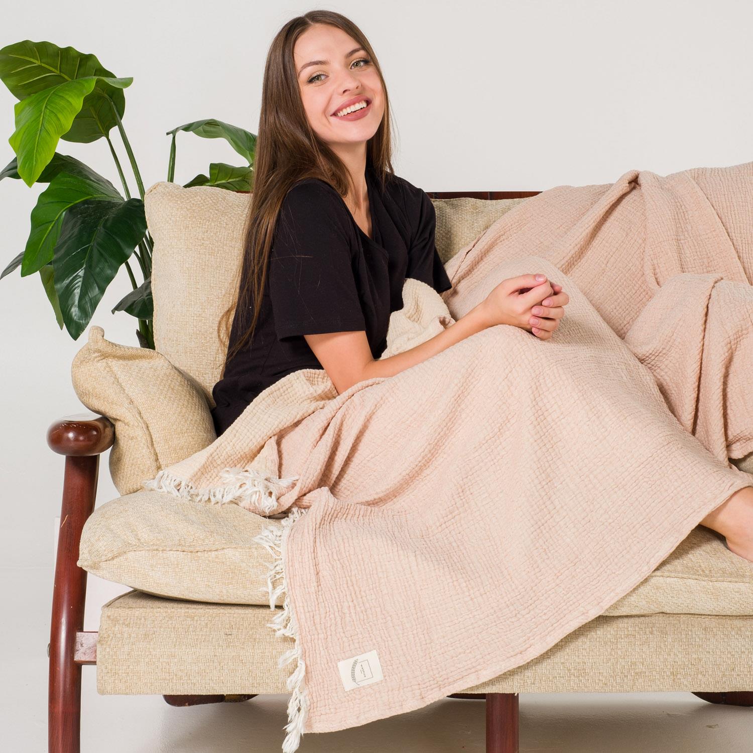 Müslin Örtüler ve Şallar - Gold 3 Kat Müslin Çok Amaçlı Koltuk Şalı Örtü Throw 125x190 - Miespiga