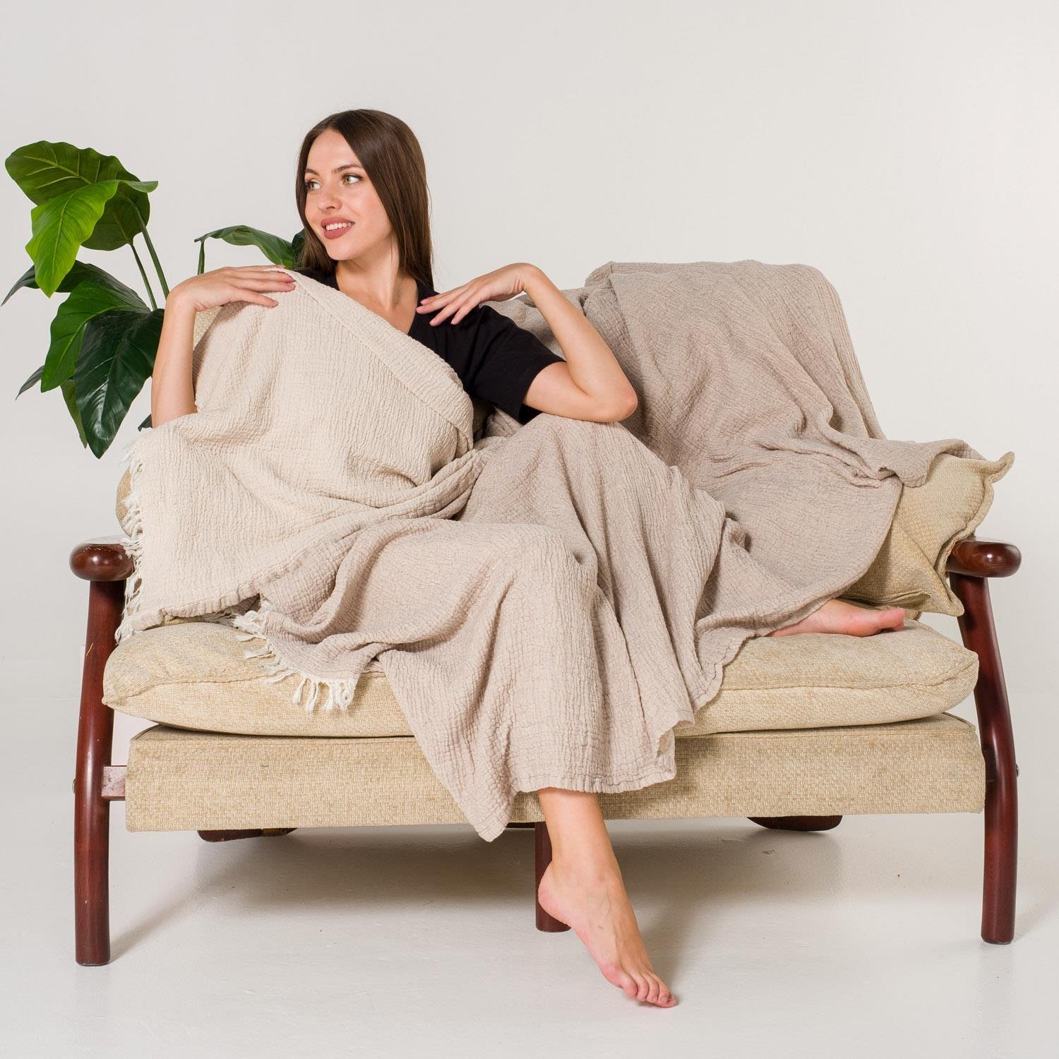 Yatak Örtüsü & Pike - Gold Müslin Çift Kişilik Çift Taraflı Yatak Örtüsü - Miespiga