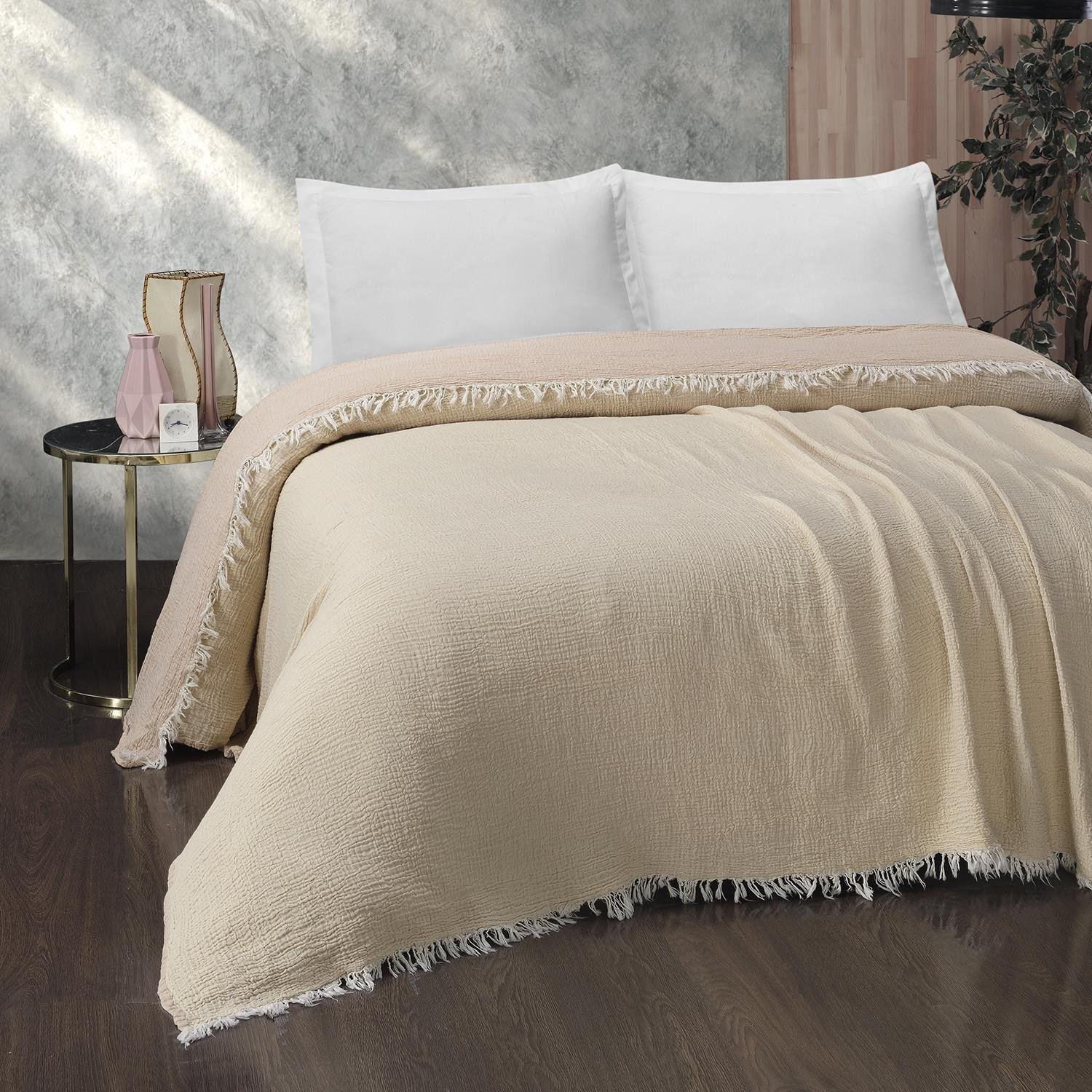 Yatak Örtüsü & Pike - Gold Müslin Çift Kişilik Çift Taraflı Yatak Örtüsü - Miespiga