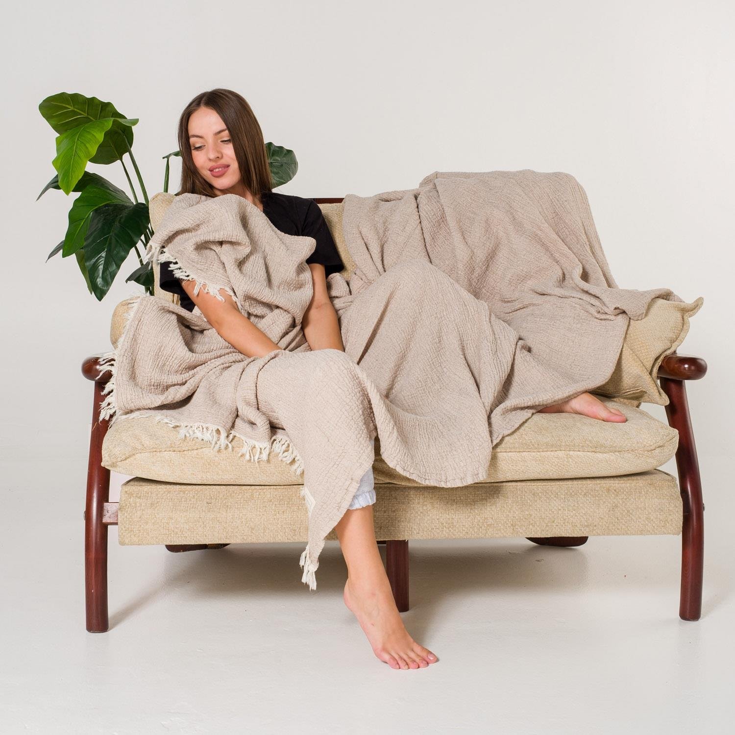 Yatak Örtüsü & Pike - Gold Müslin Çift Kişilik Çift Taraflı Yatak Örtüsü - Miespiga