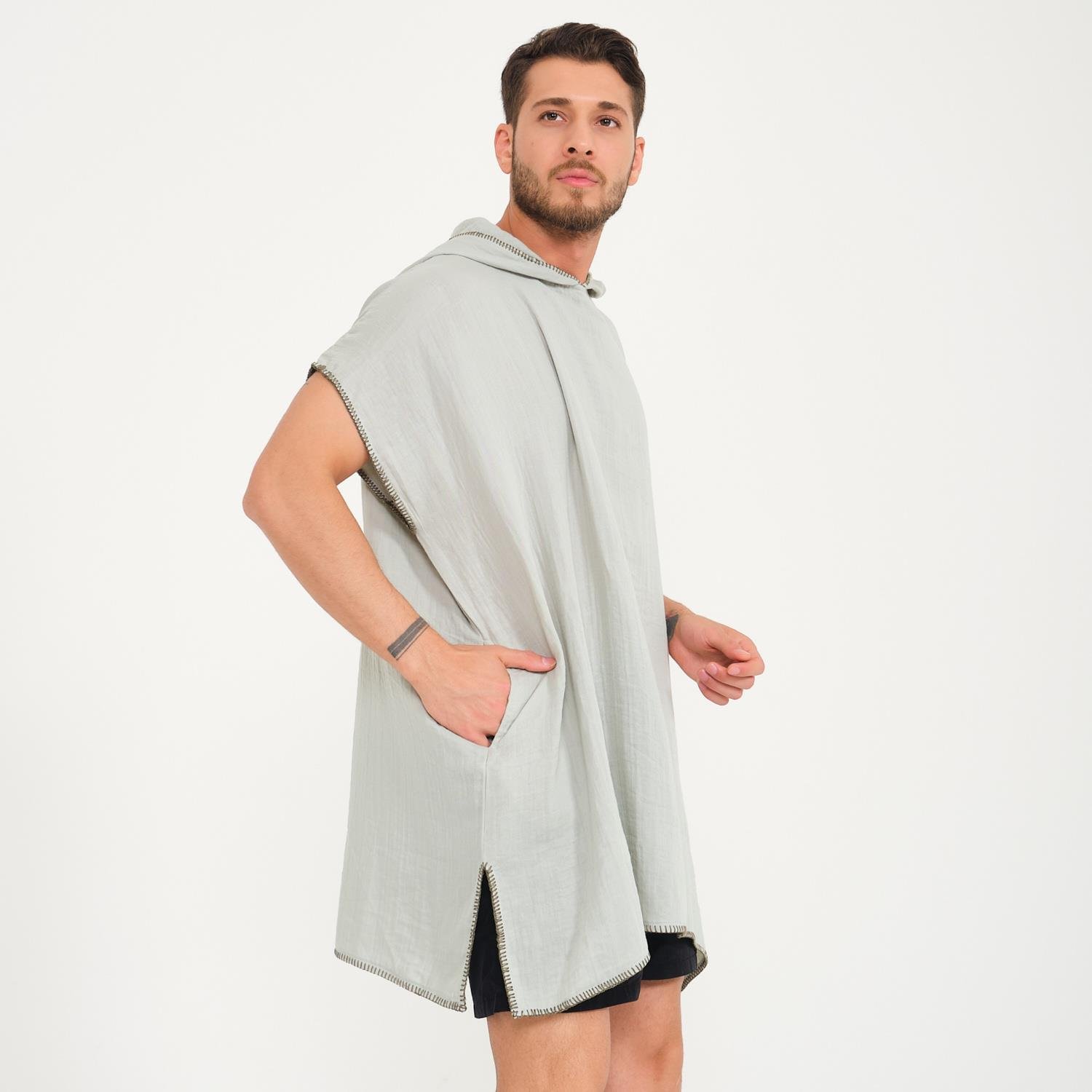 Müslin Panço - Kapüşonlu Erkek Müslin Sörf Panço - Miespiga