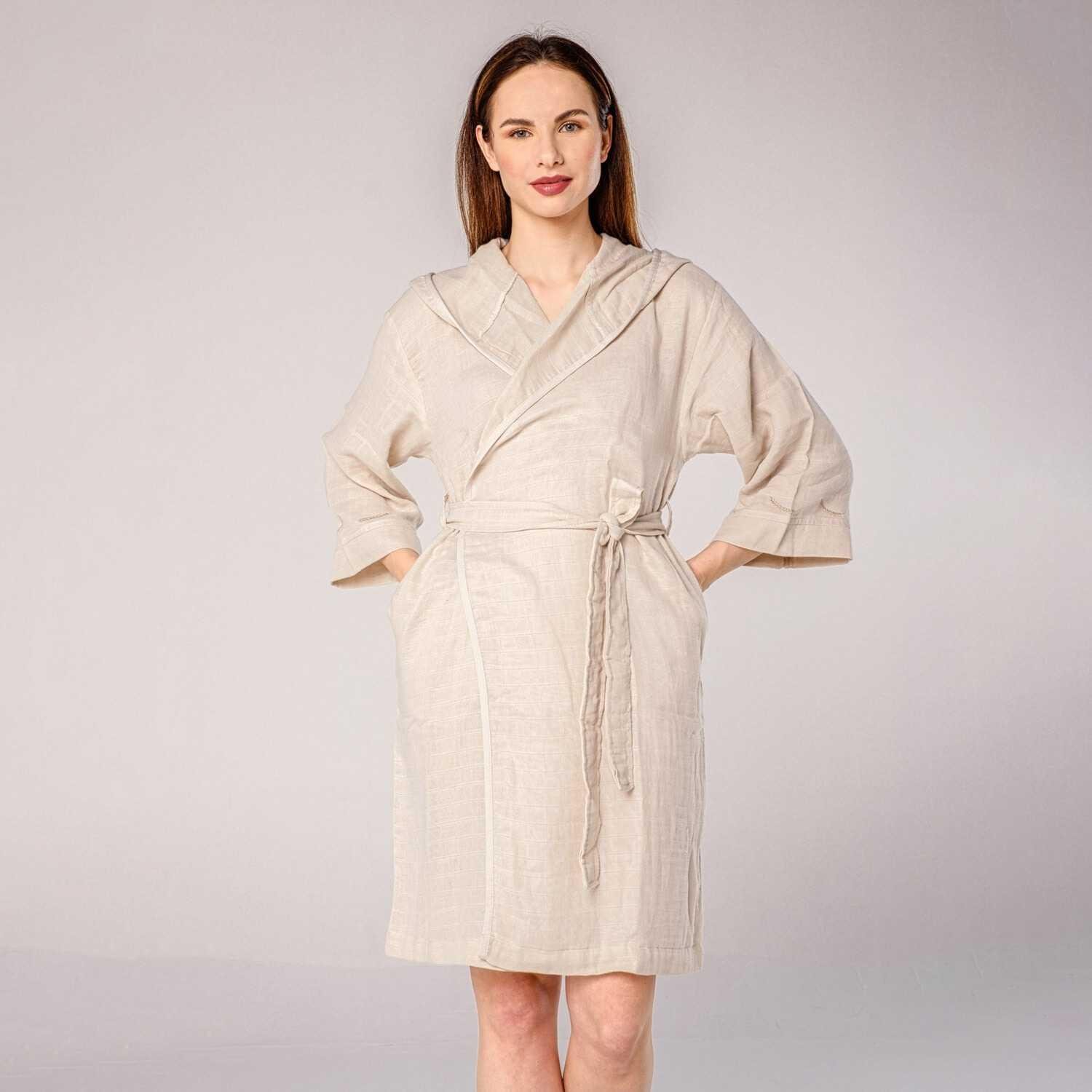 Müslin Bornoz - Kapüşonlu Kadın Müslin Bornoz Bej - Miespiga
