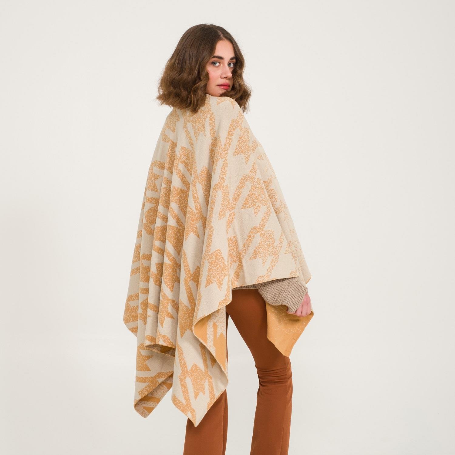 Triko Panço - Kaz Ayağı Desen Çift Taraflı Triko Kadın Şal Panço - Miespiga
