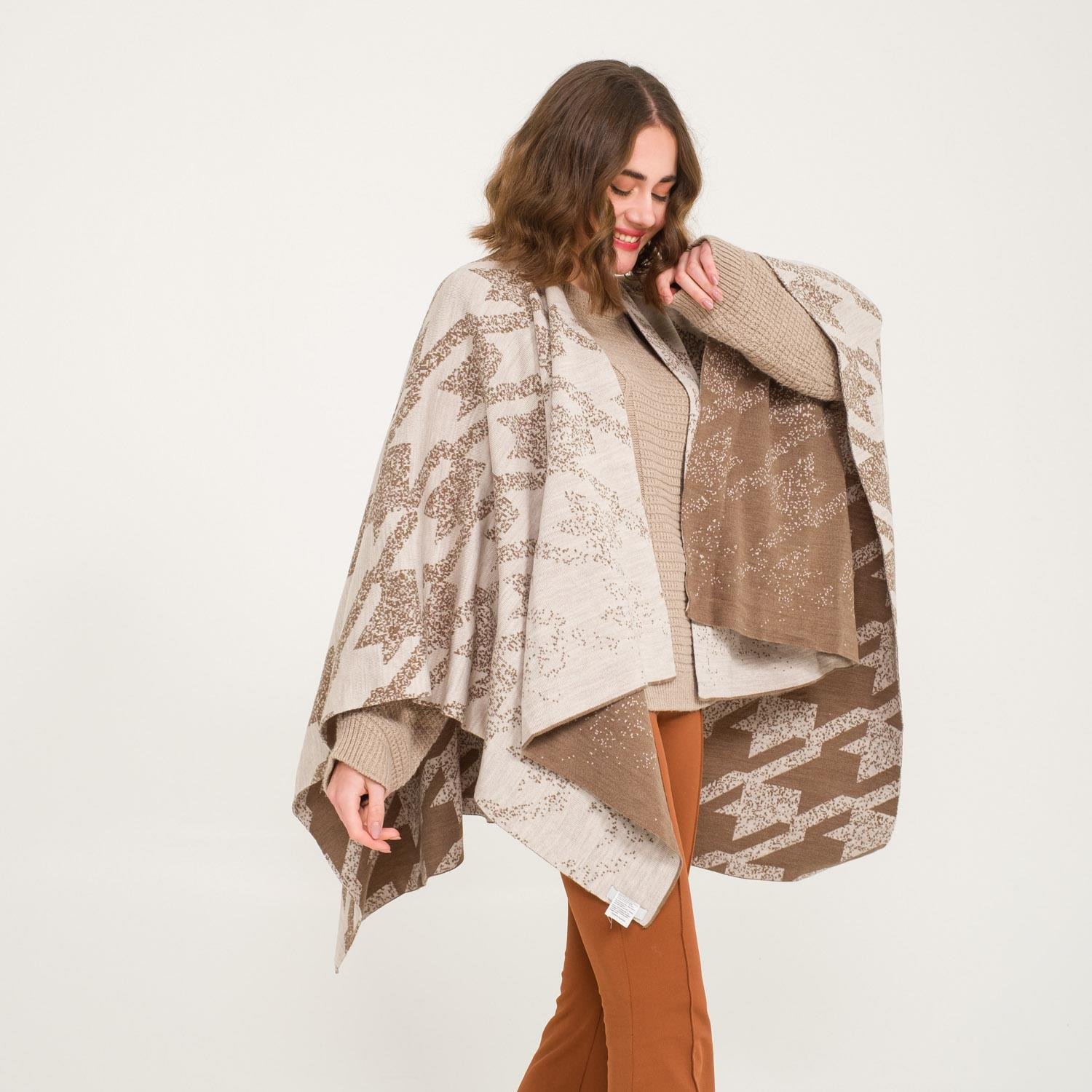 Triko Panço - Kaz Ayağı Desen Çift Taraflı Triko Kadın Şal Panço - Miespiga