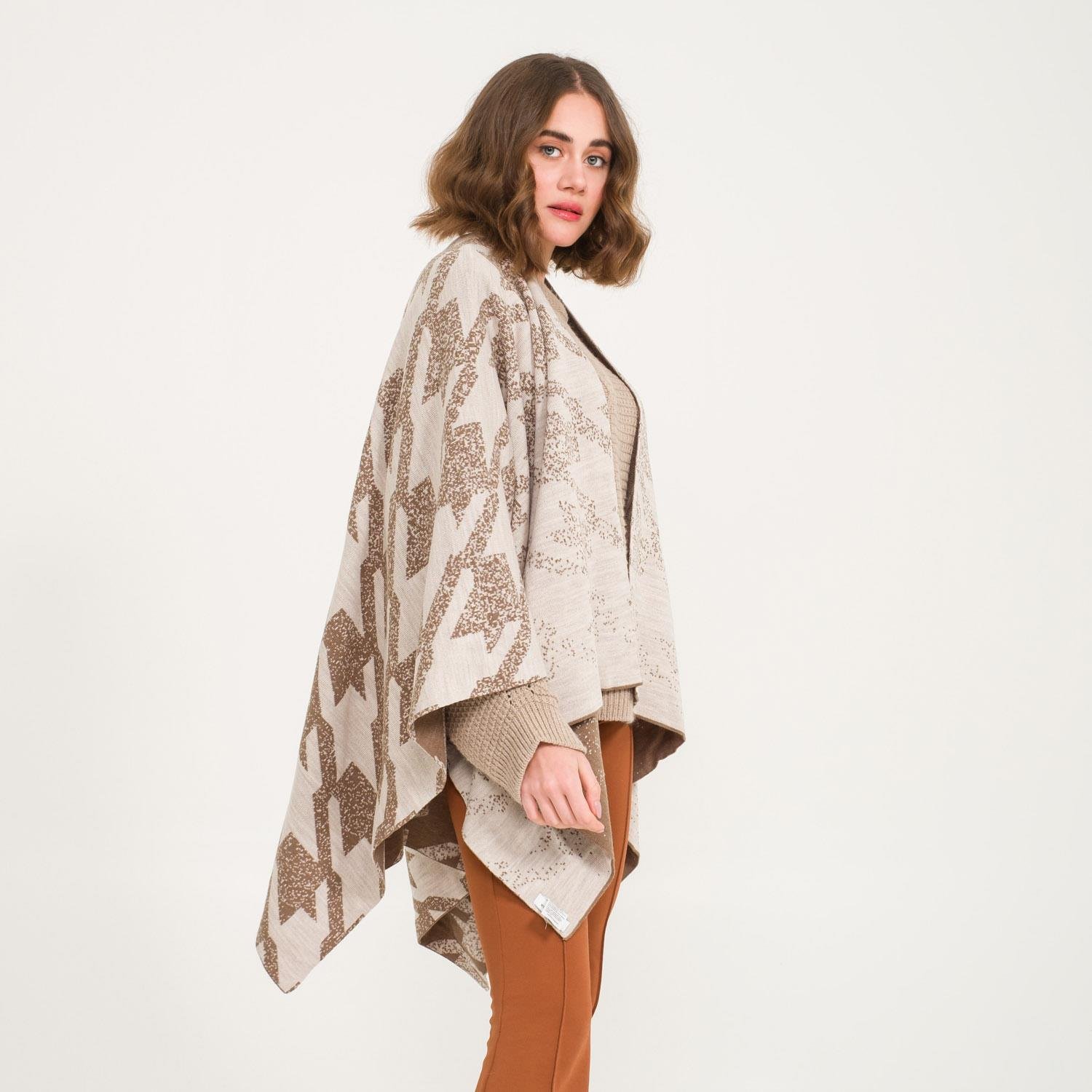 Triko Panço - Kaz Ayağı Desen Çift Taraflı Triko Kadın Şal Panço - Miespiga