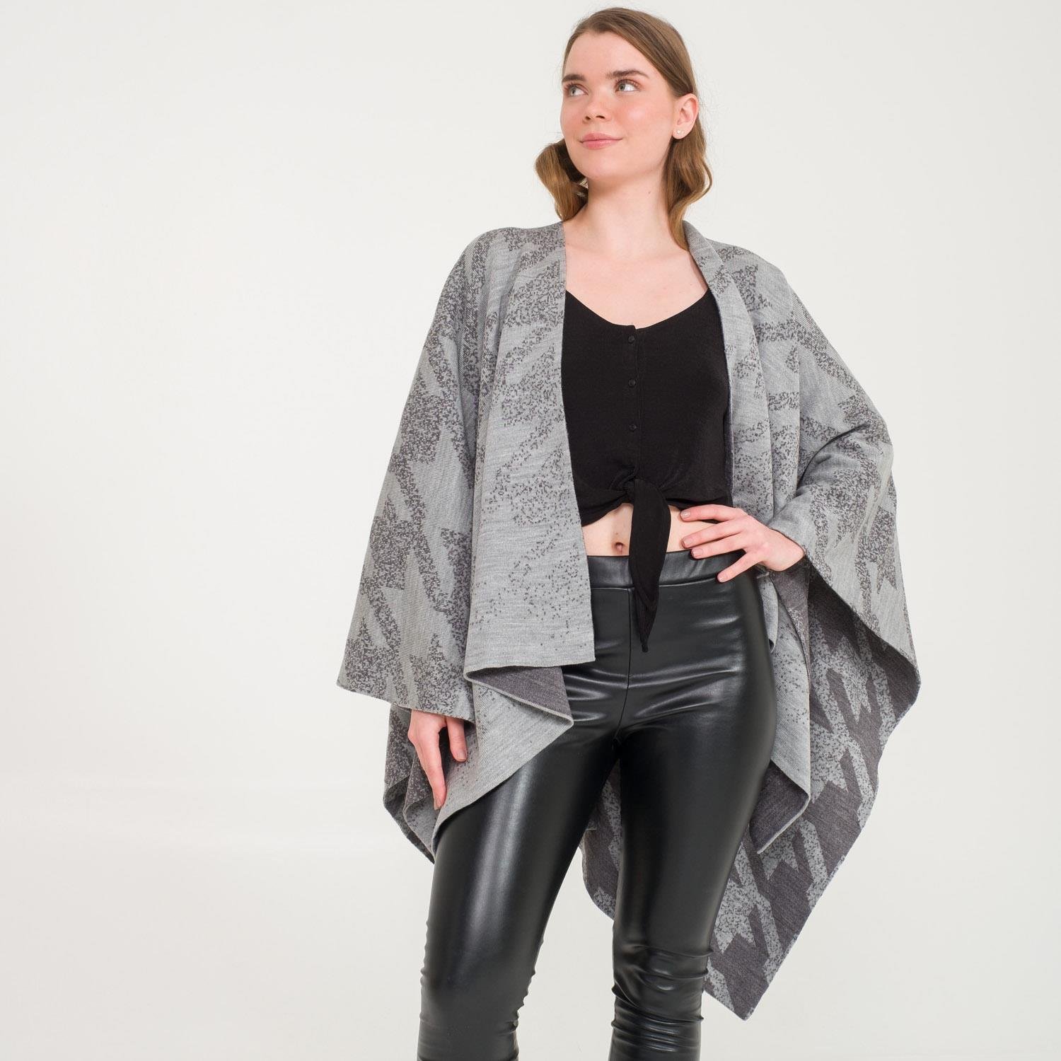 Triko Panço - Kaz Ayağı Desen Çift Taraflı Triko Kadın Şal Panço - Miespiga