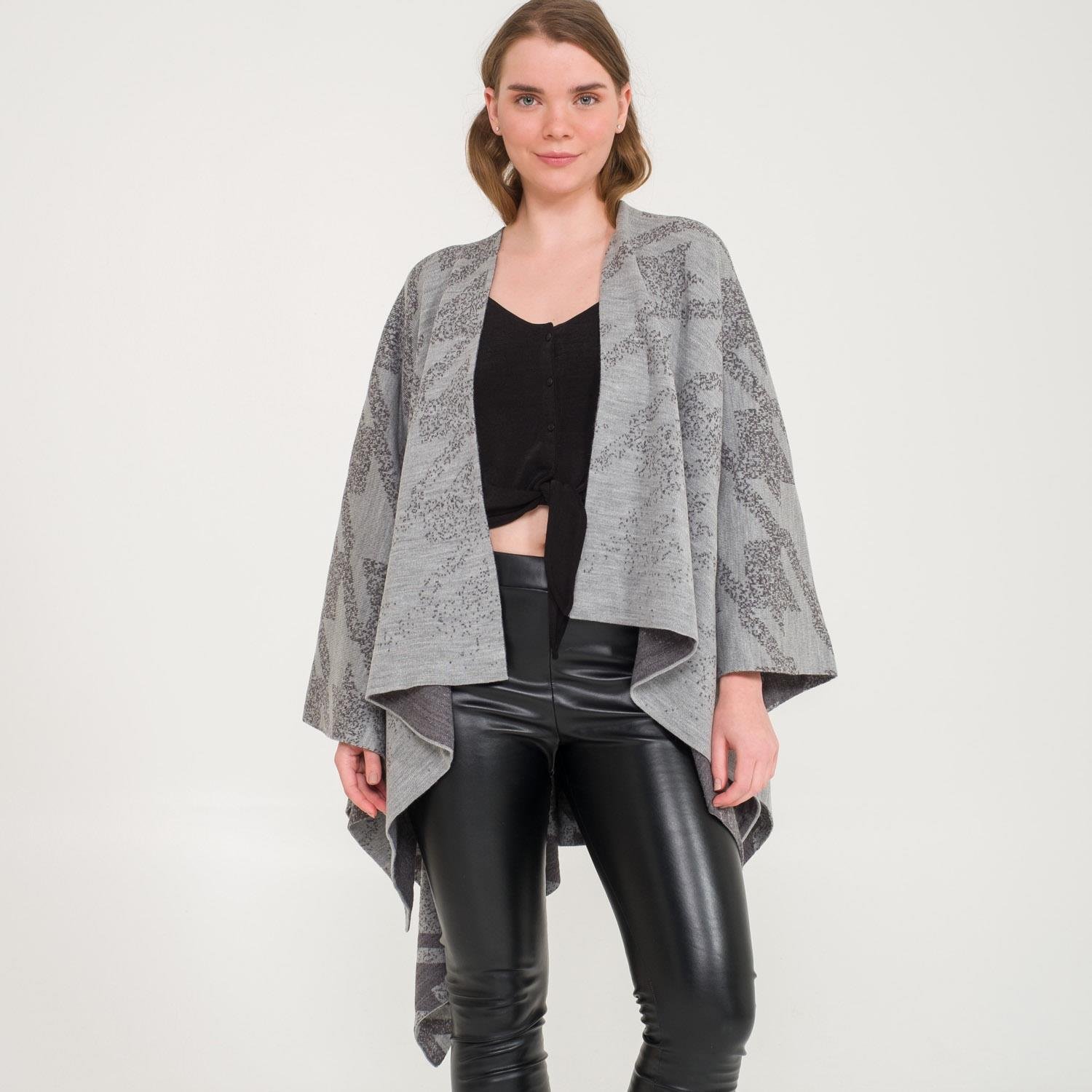 Triko Panço - Kaz Ayağı Desen Çift Taraflı Triko Kadın Şal Panço - Miespiga