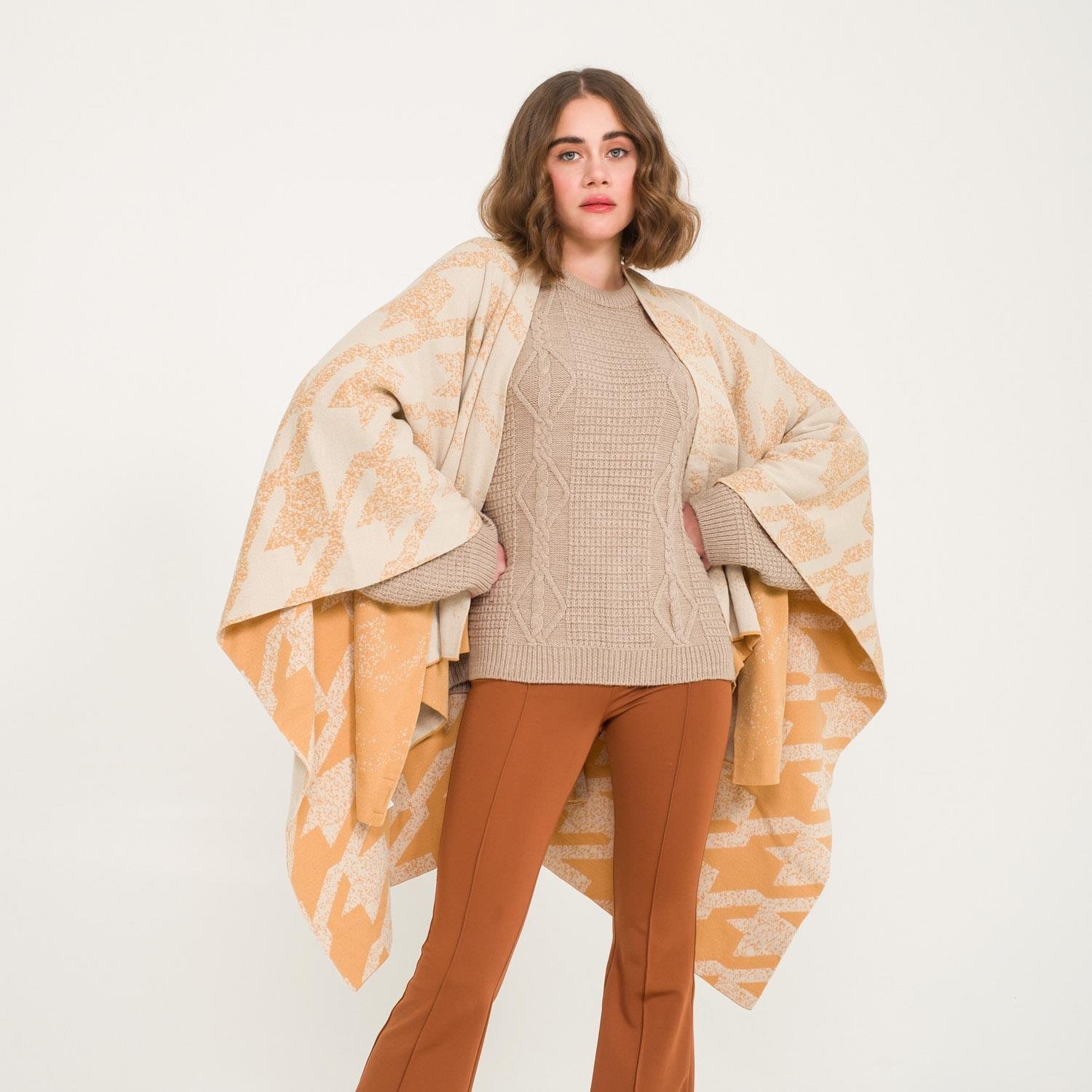 Triko Panço - Kaz Ayağı Desen Çift Taraflı Triko Kadın Şal Panço - Miespiga