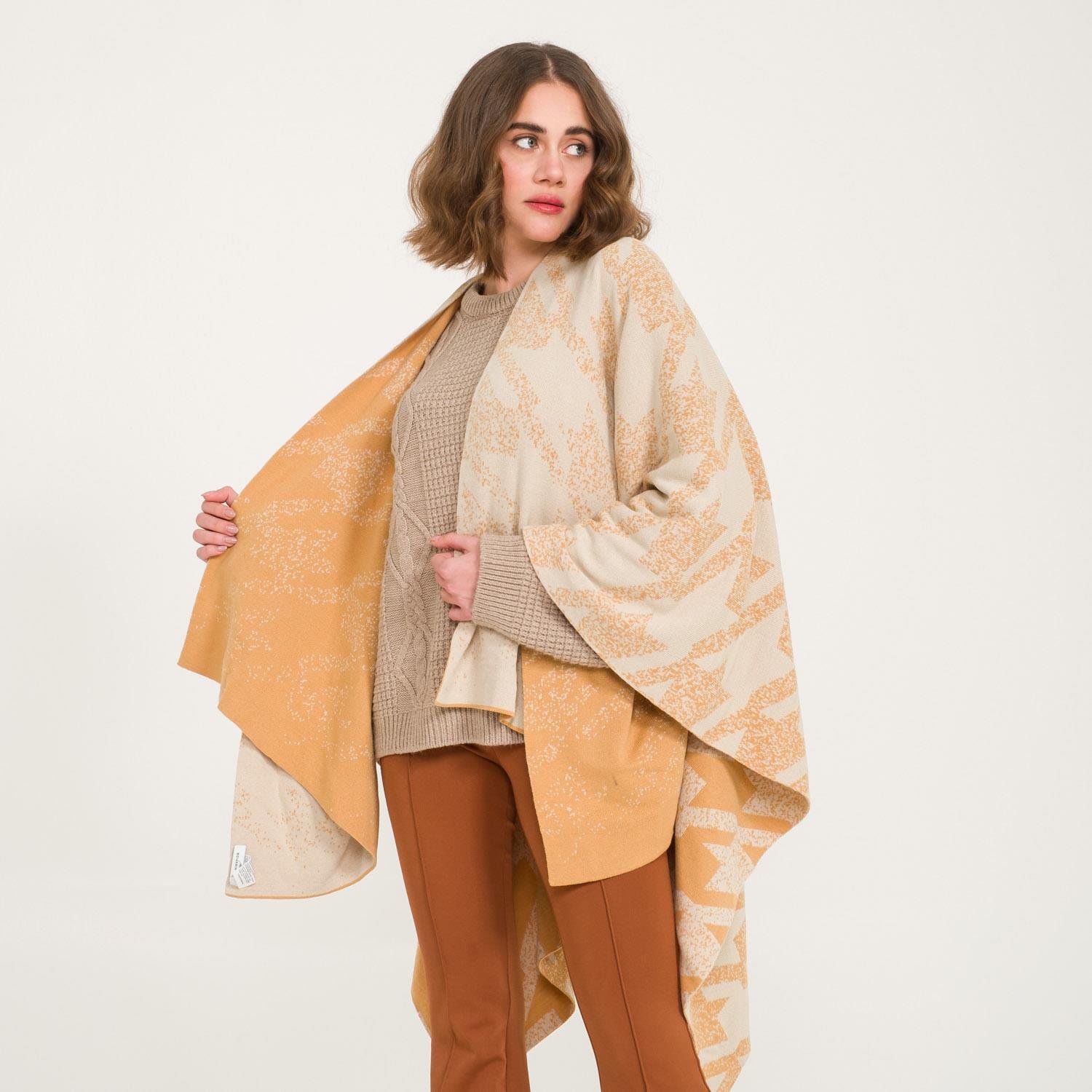 Triko Panço - Kaz Ayağı Desen Çift Taraflı Triko Kadın Şal Panço - Miespiga