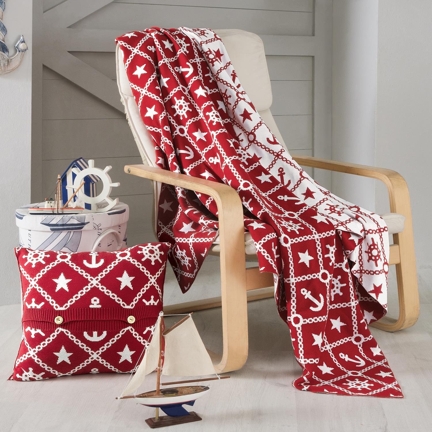 Battaniye - Marin Desen Triko Battaniye Koltuk Şalı ve Kırlent Kılıfı Seti - Miespiga