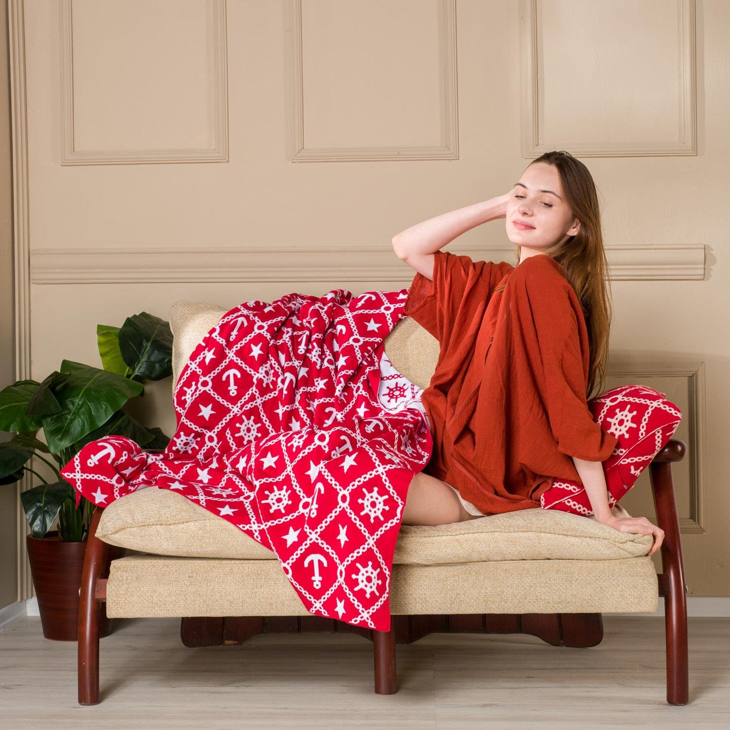 Battaniye - Marin Desen Triko Battaniye Koltuk Şalı ve Kırlent Kılıfı Seti - Miespiga