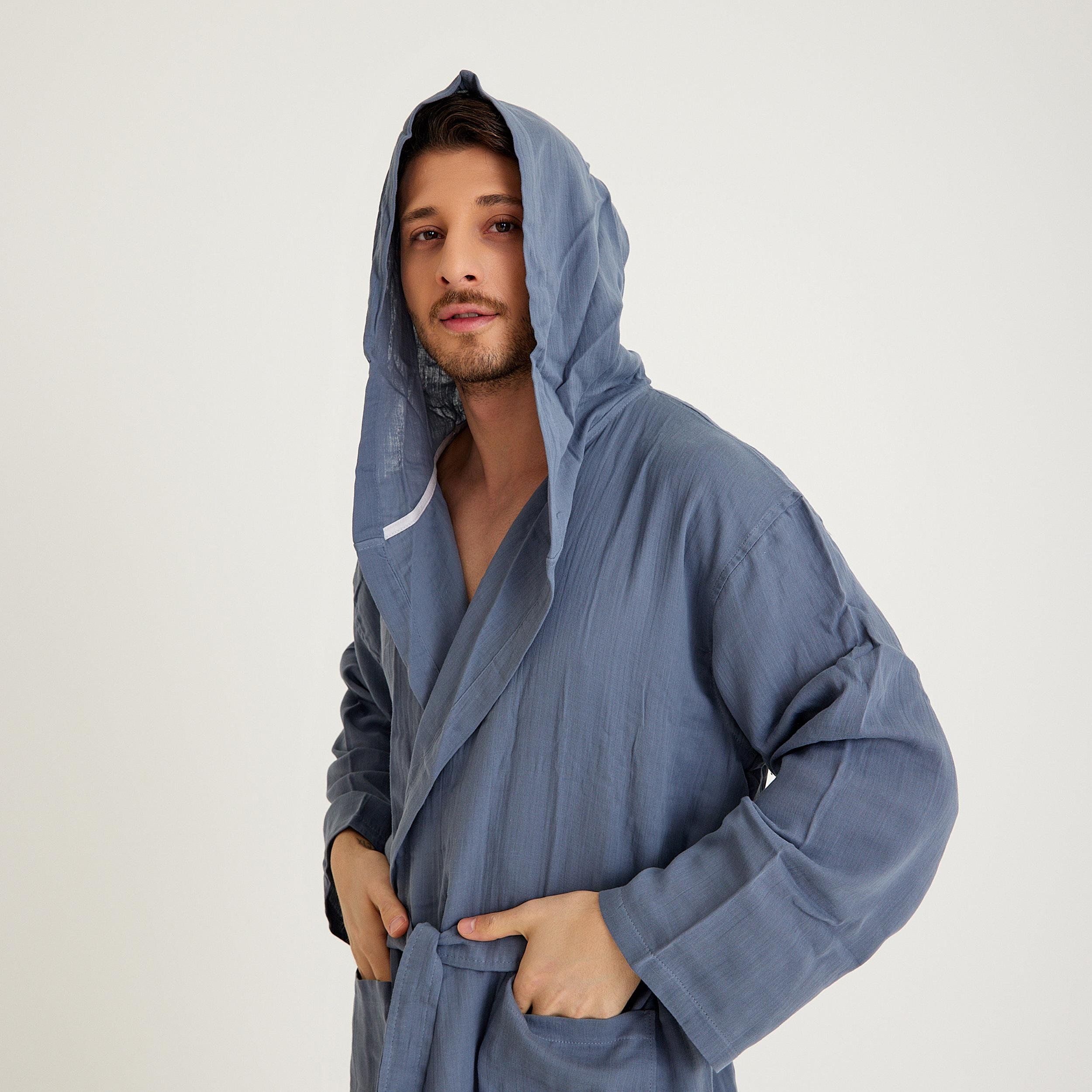 Müslin Bornoz - Pamuklu Kapüşonlu Uzun Erkek Müslin Bornoz Plaj - Miespiga