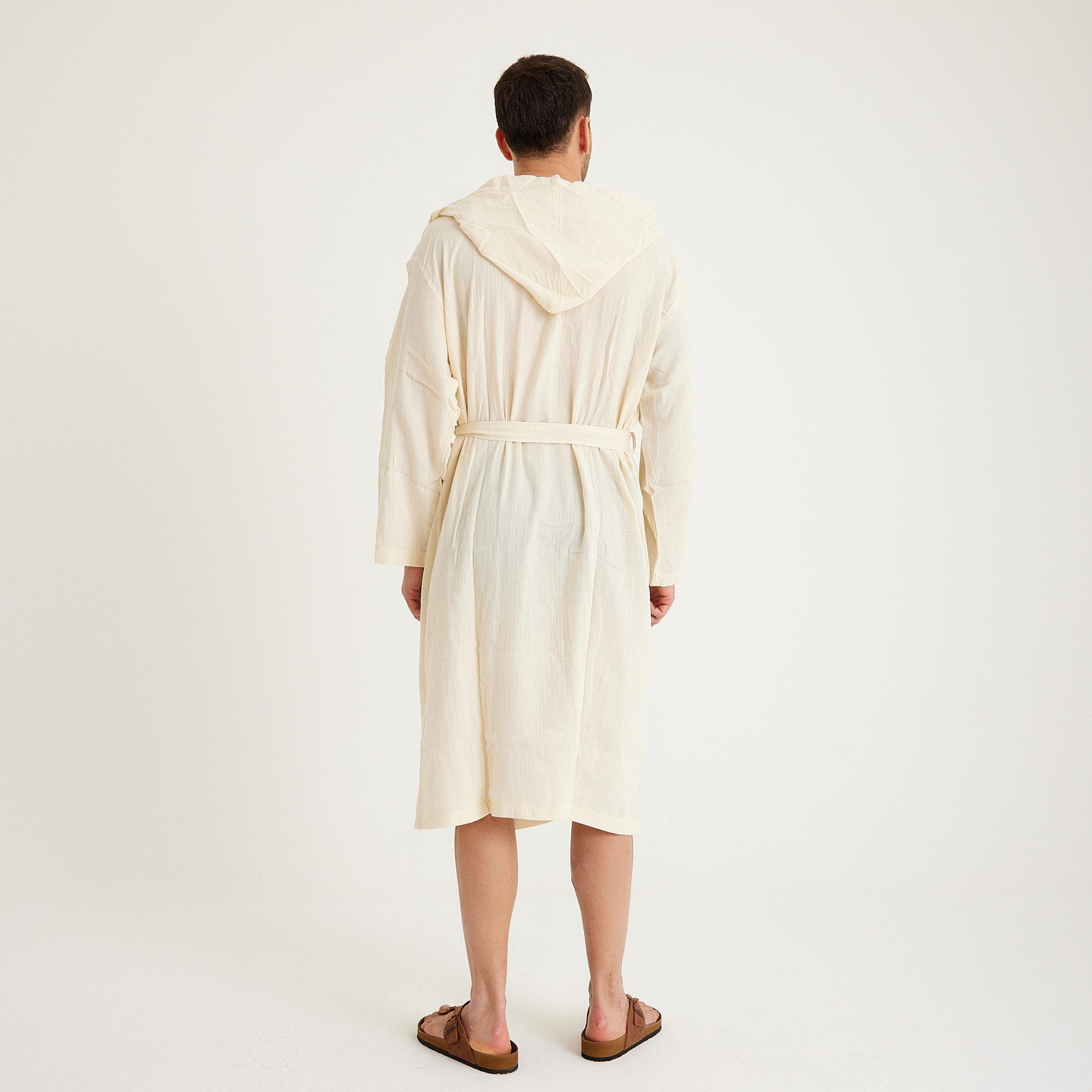 Müslin Bornoz - Pamuklu Kapüşonlu Uzun Erkek Müslin Bornoz Plaj - Miespiga