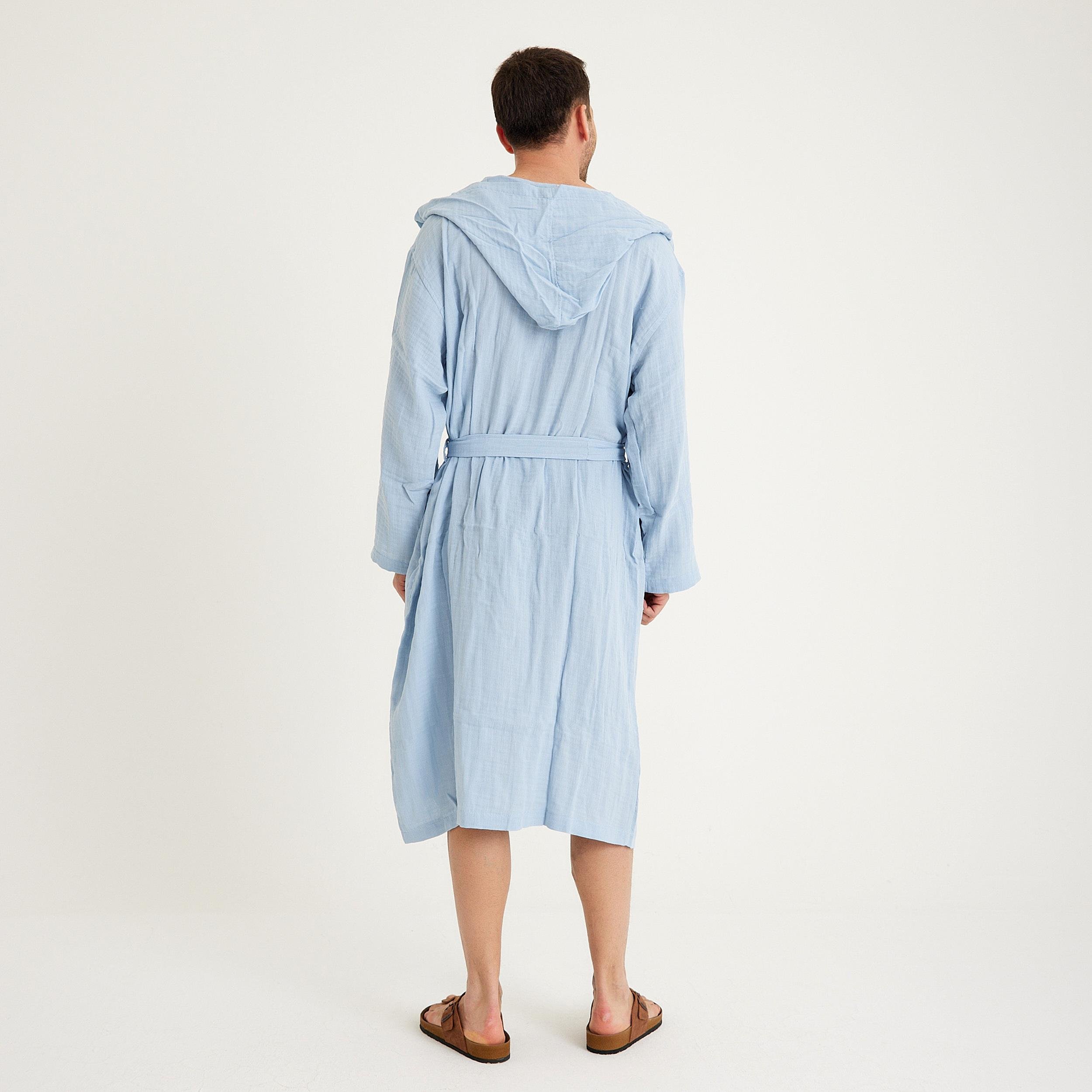 Müslin Bornoz - Pamuklu Kapüşonlu Uzun Erkek Müslin Bornoz Plaj - Miespiga