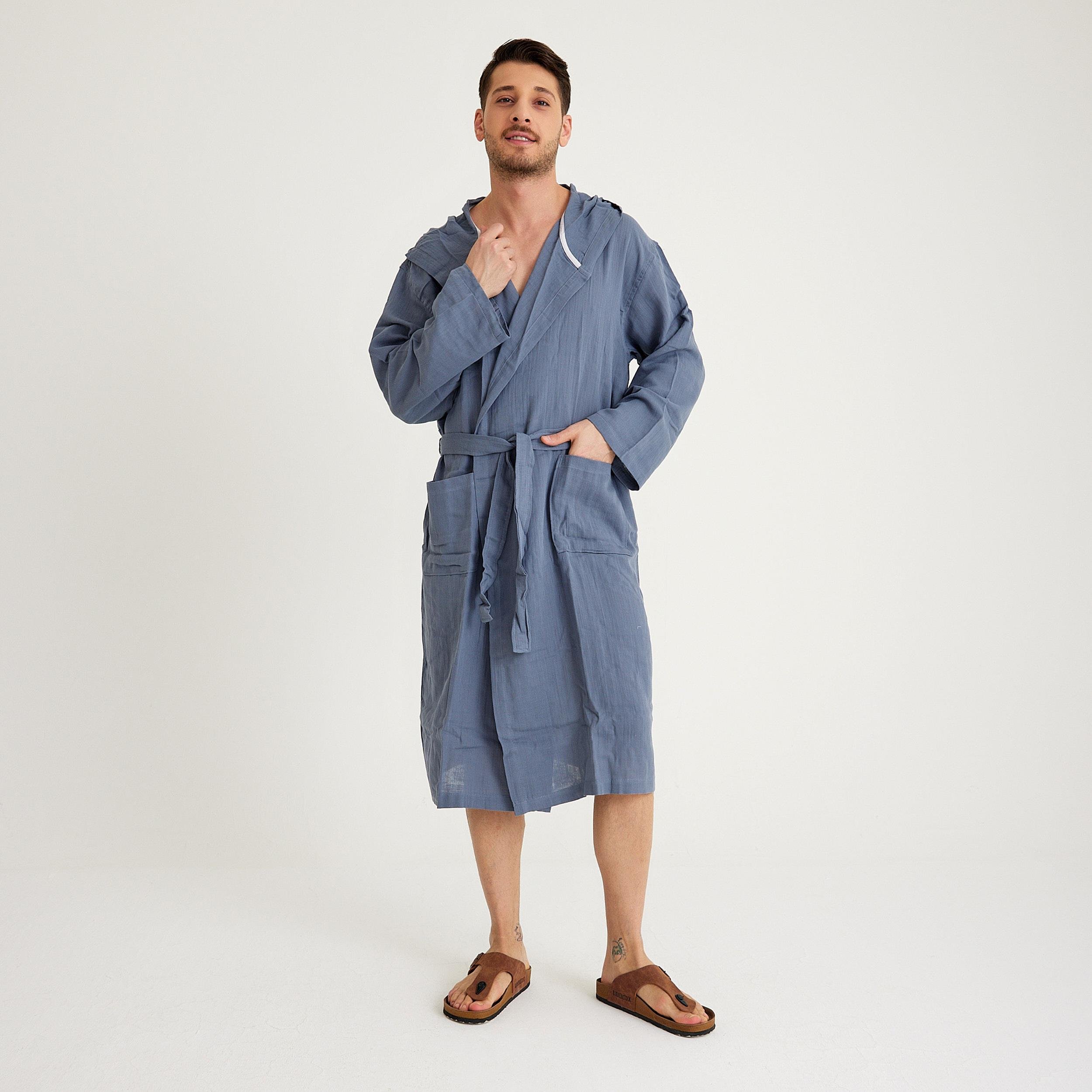Müslin Bornoz - Pamuklu Kapüşonlu Uzun Erkek Müslin Bornoz Plaj - Miespiga