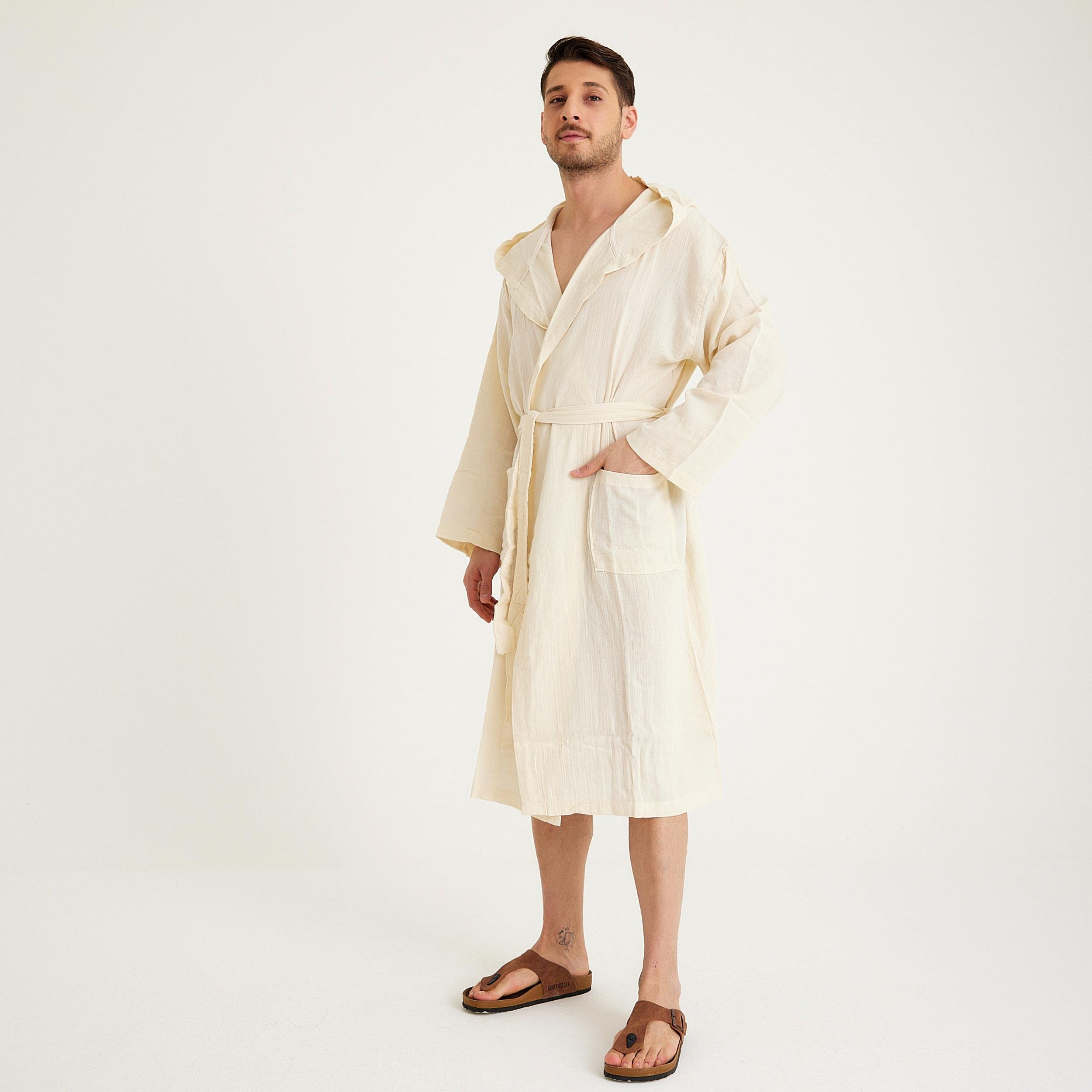 Müslin Bornoz - Pamuklu Kapüşonlu Uzun Erkek Müslin Bornoz Plaj - Miespiga