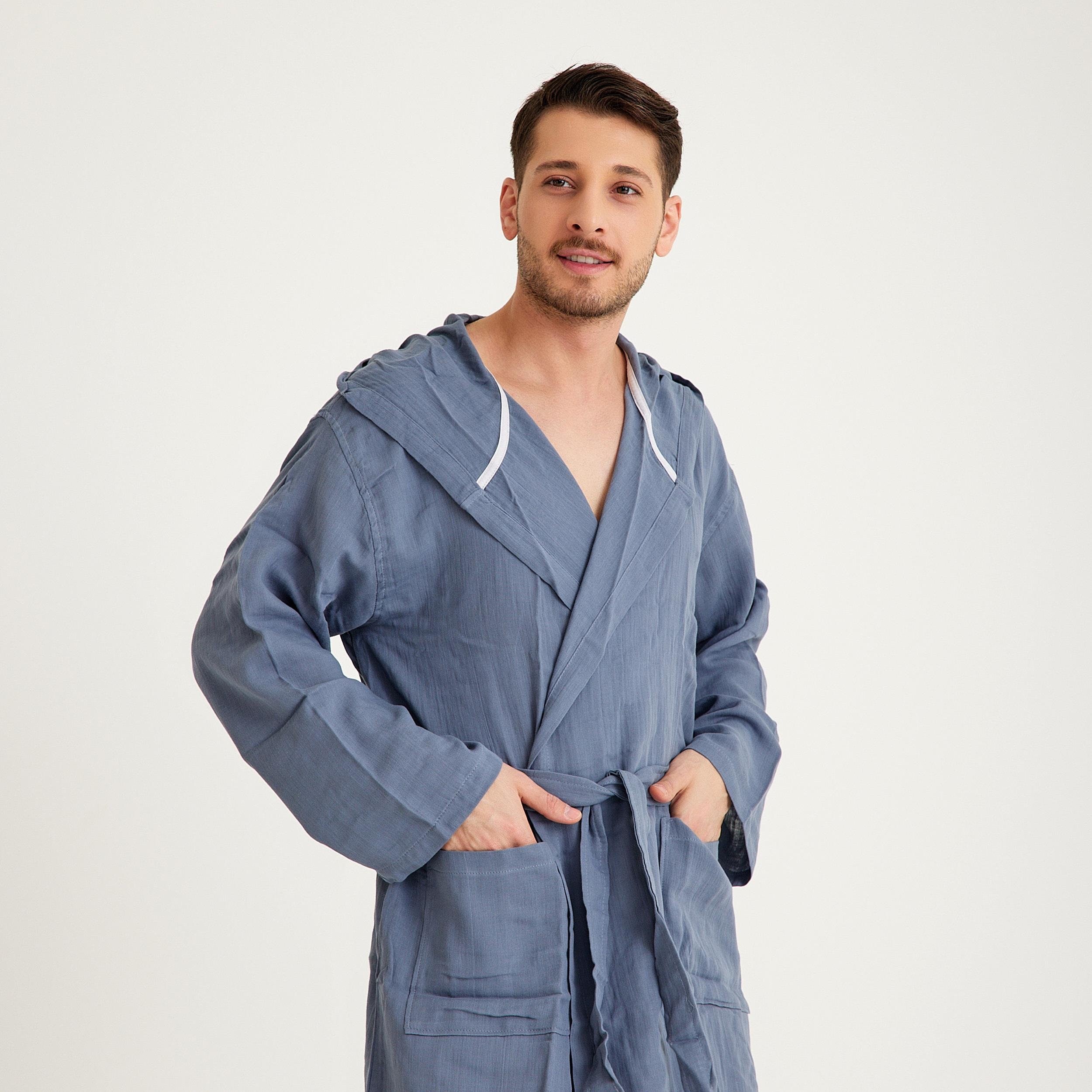 Müslin Bornoz - Pamuklu Kapüşonlu Uzun Erkek Müslin Bornoz Plaj - Miespiga