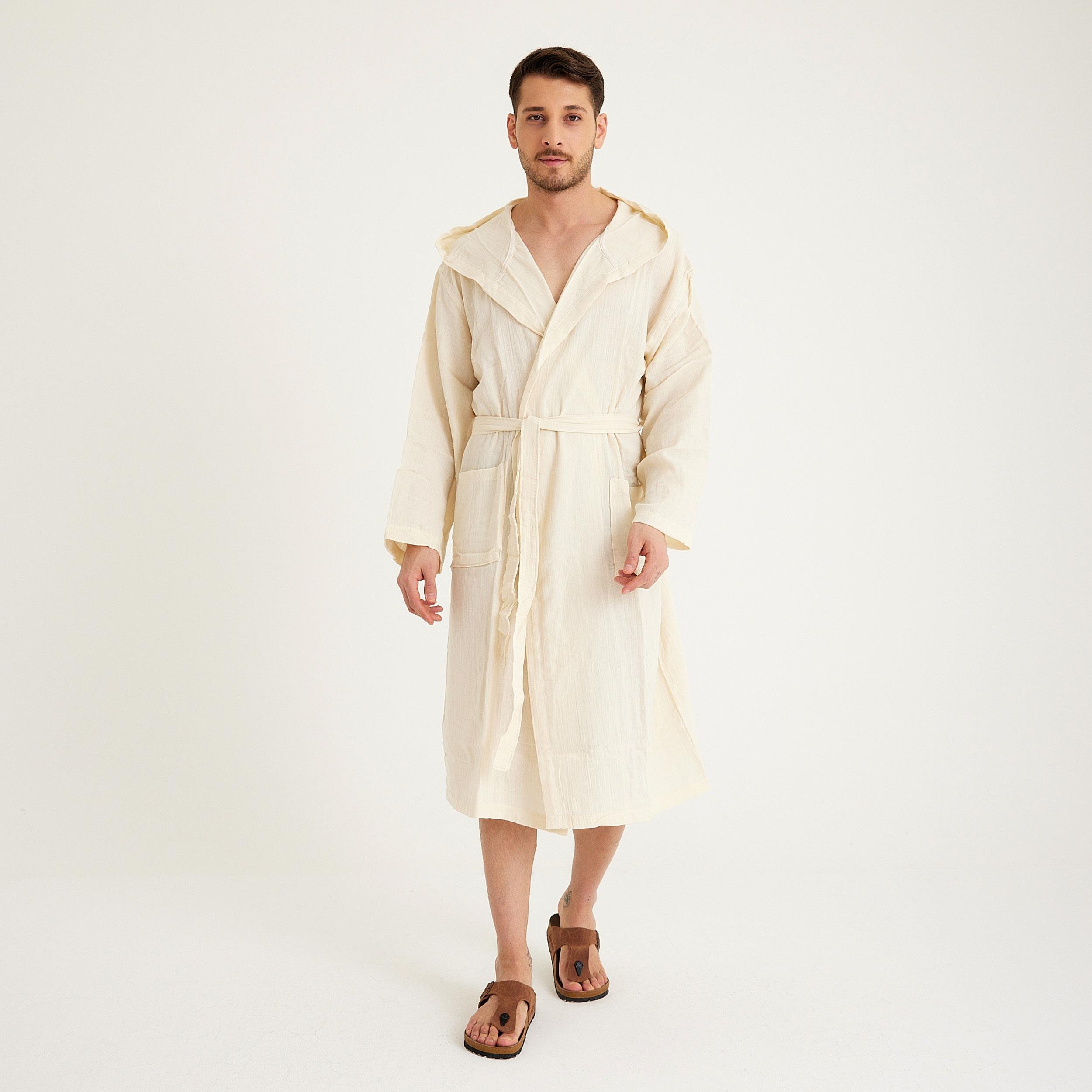 Müslin Bornoz - Pamuklu Kapüşonlu Uzun Erkek Müslin Bornoz Plaj - Miespiga
