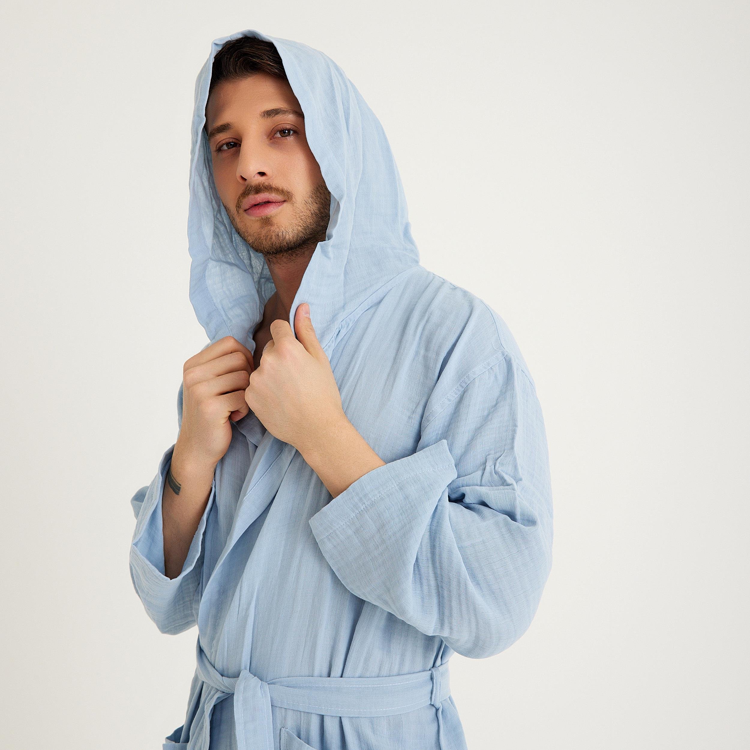 Müslin Bornoz - Pamuklu Kapüşonlu Uzun Erkek Müslin Bornoz Plaj - Miespiga