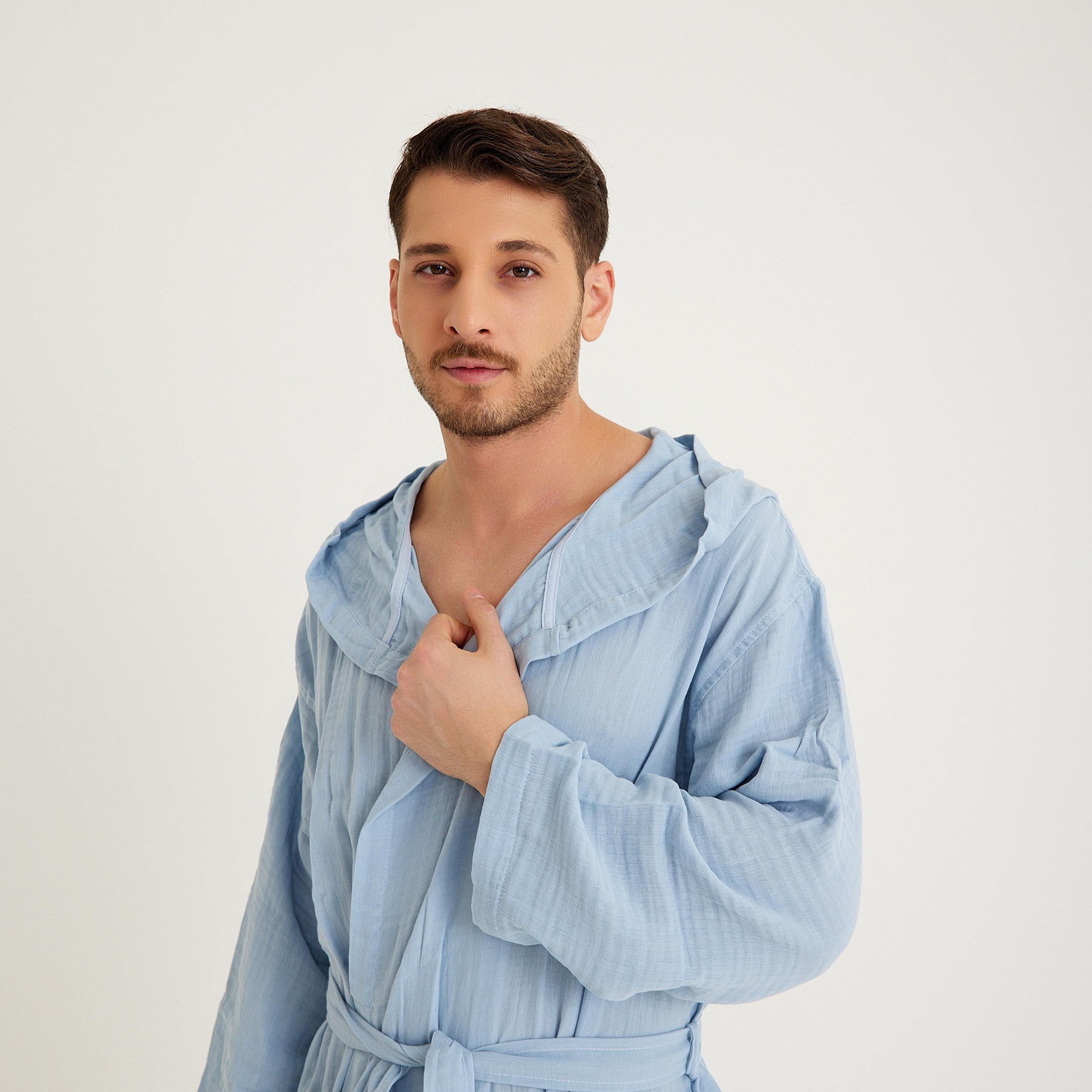 Müslin Bornoz - Pamuklu Kapüşonlu Uzun Erkek Müslin Bornoz Plaj - Miespiga