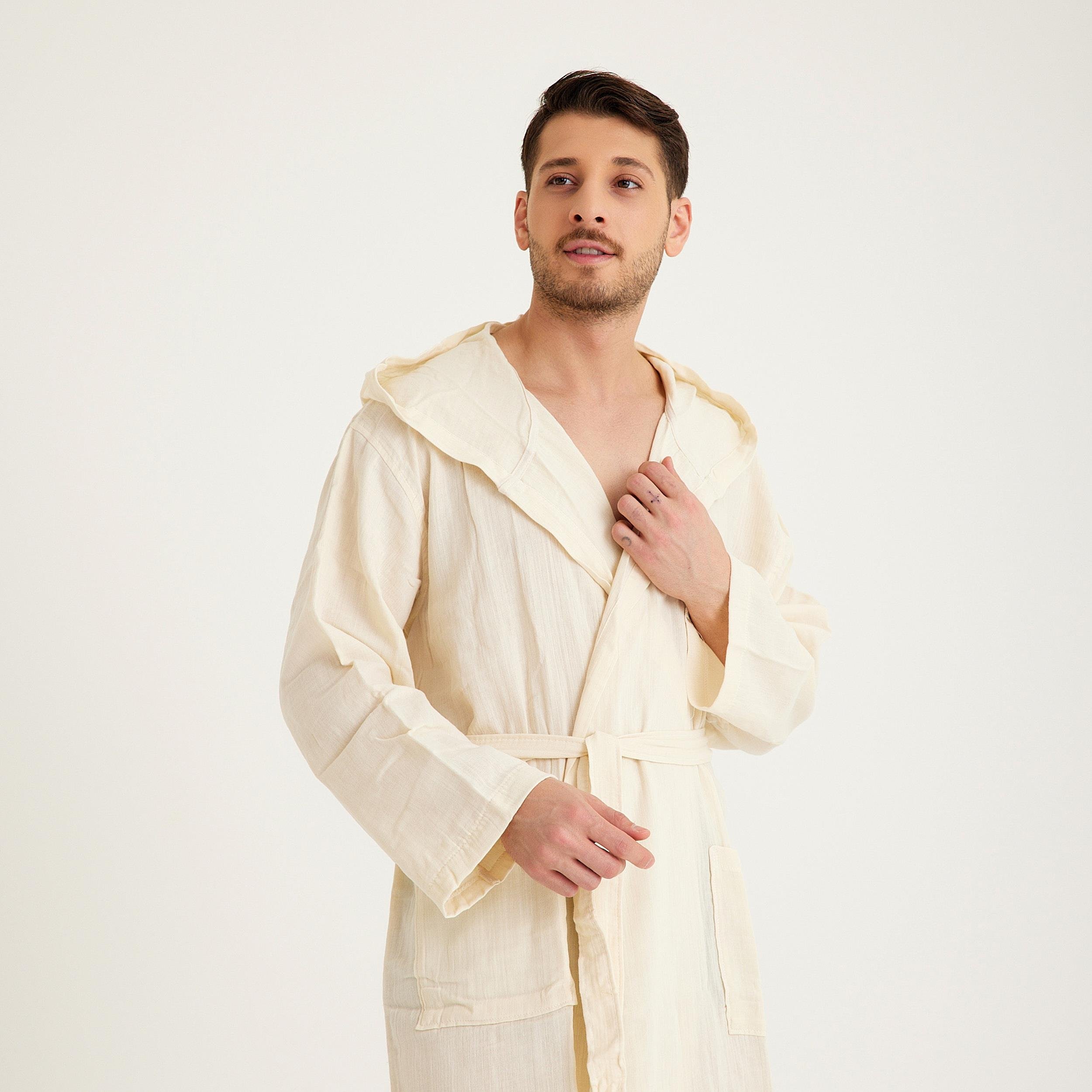 Müslin Bornoz - Pamuklu Kapüşonlu Uzun Erkek Müslin Bornoz Plaj - Miespiga