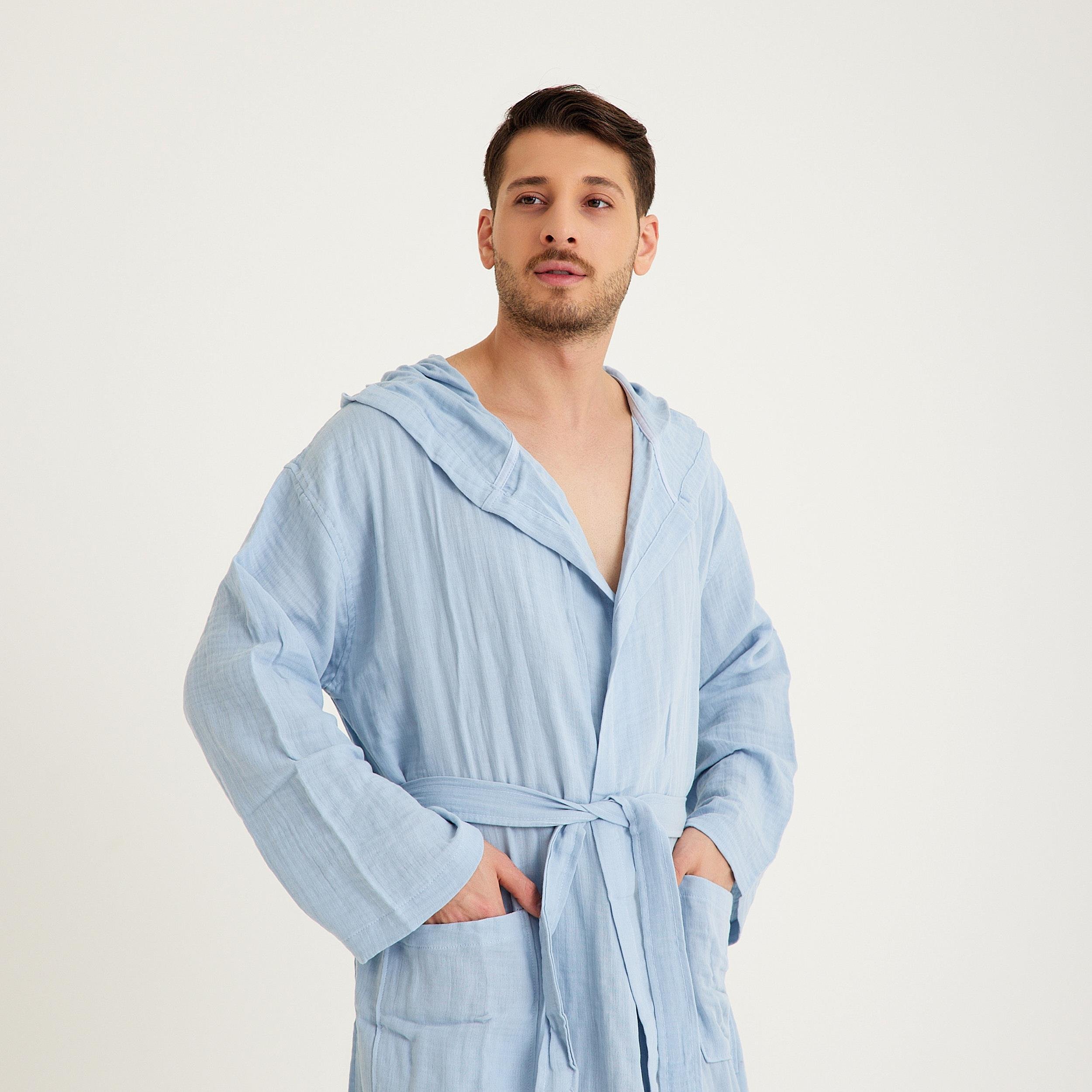 Müslin Bornoz - Pamuklu Kapüşonlu Uzun Erkek Müslin Bornoz Plaj - Miespiga