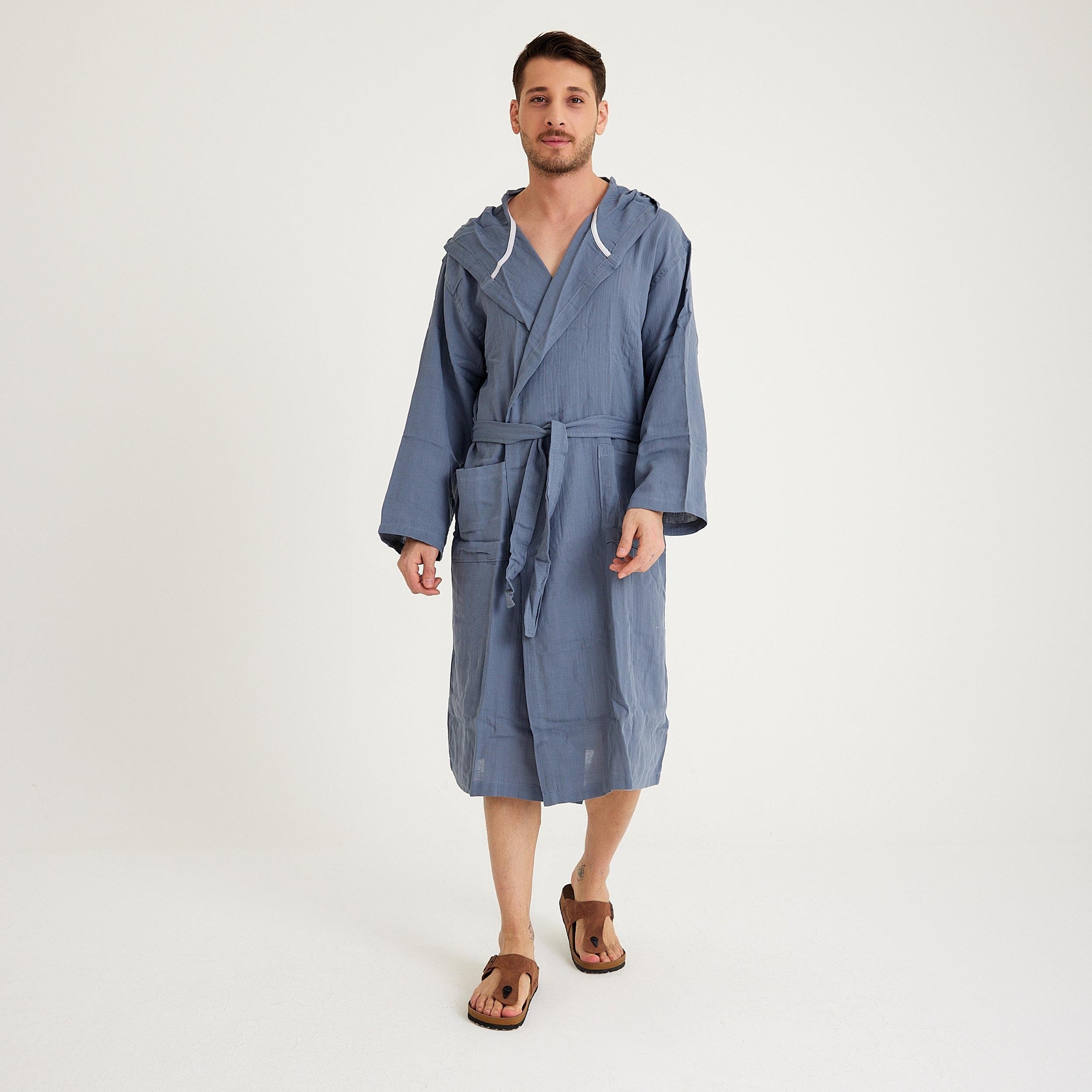 Müslin Bornoz - Pamuklu Kapüşonlu Uzun Erkek Müslin Bornoz Plaj - Miespiga