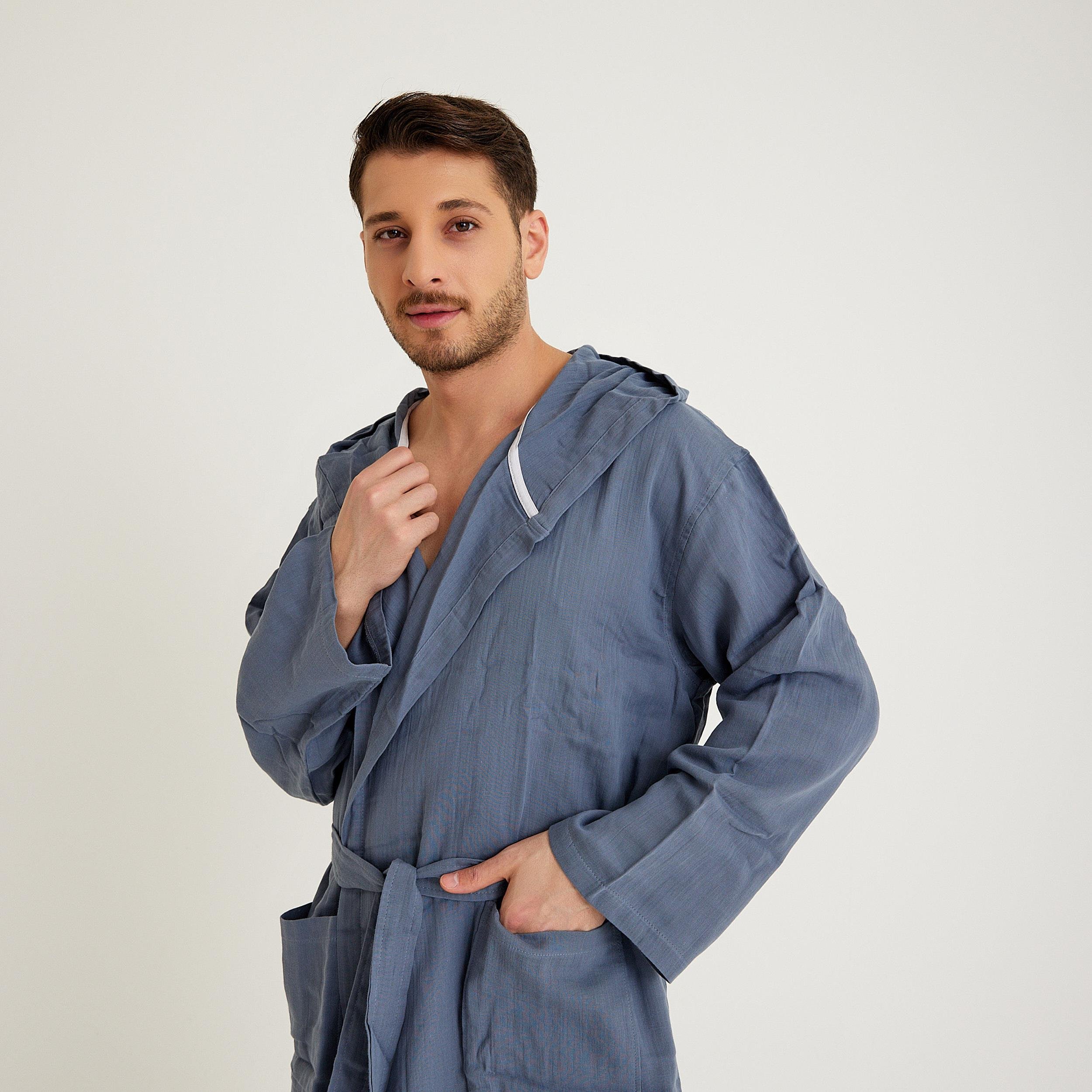 Müslin Bornoz - Pamuklu Kapüşonlu Uzun Erkek Müslin Bornoz Plaj - Miespiga