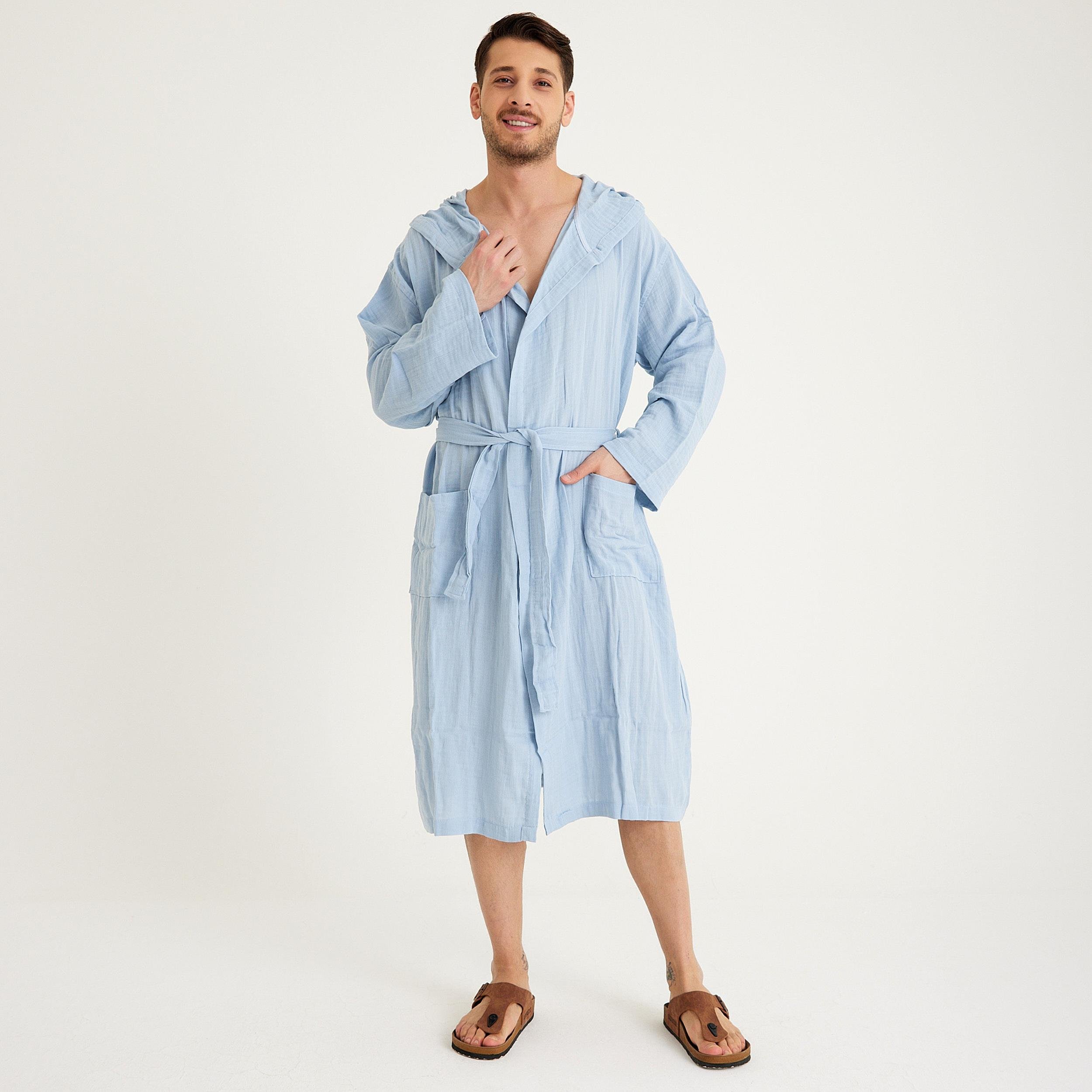 Müslin Bornoz - Pamuklu Kapüşonlu Uzun Erkek Müslin Bornoz Plaj - Miespiga