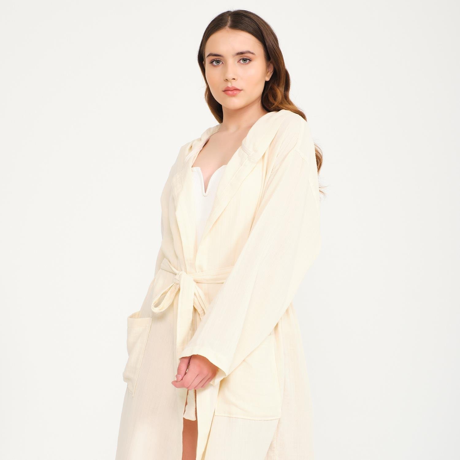 Müslin Bornoz - Pamuklu Kapüşonlu Uzun Kadın Müslin Bornoz Plaj - Miespiga