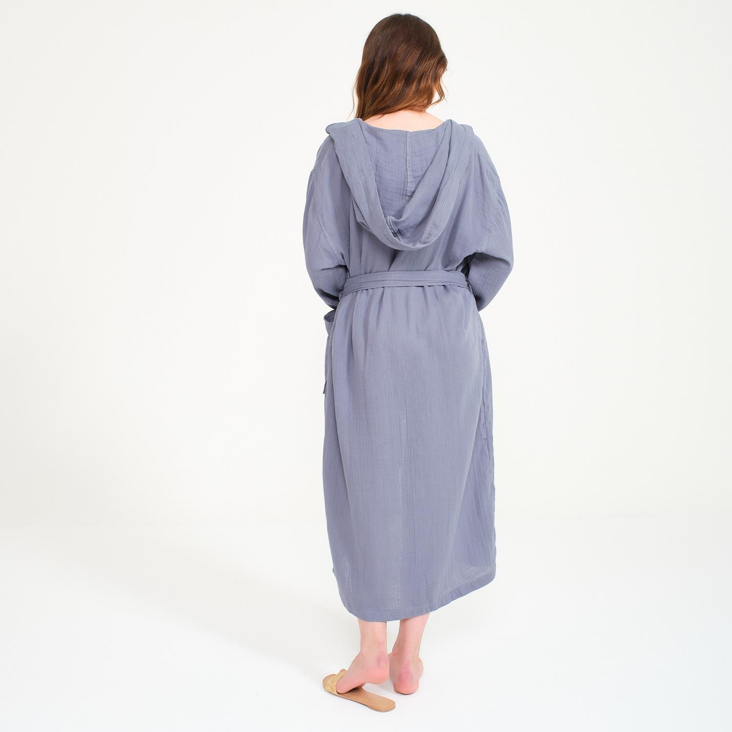 Müslin Bornoz - Pamuklu Kapüşonlu Uzun Kadın Müslin Bornoz Plaj - Miespiga