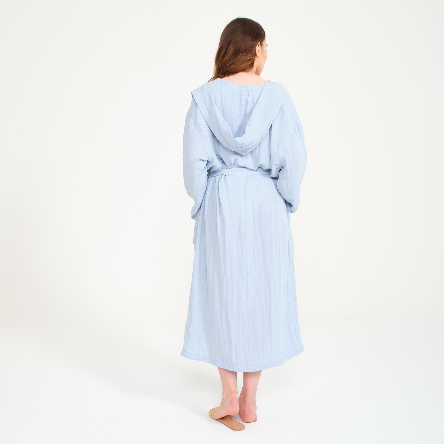 Müslin Bornoz - Pamuklu Kapüşonlu Uzun Kadın Müslin Bornoz Plaj - Miespiga