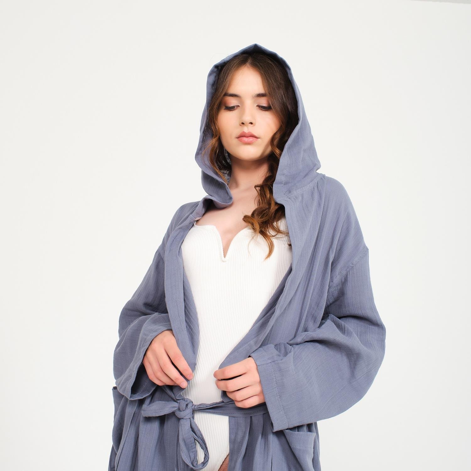 Müslin Bornoz - Pamuklu Kapüşonlu Uzun Kadın Müslin Bornoz Plaj - Miespiga