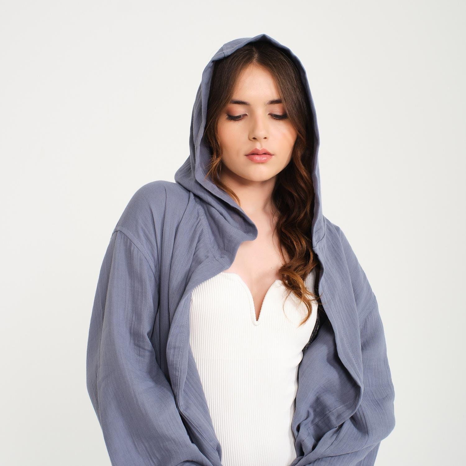 Müslin Bornoz - Pamuklu Kapüşonlu Uzun Kadın Müslin Bornoz Plaj - Miespiga