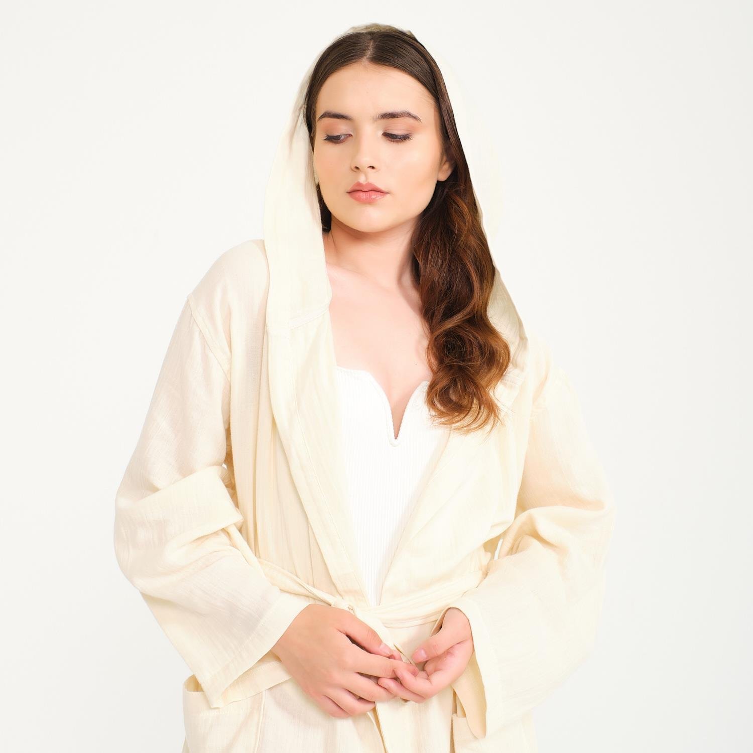 Müslin Bornoz - Pamuklu Kapüşonlu Uzun Kadın Müslin Bornoz Plaj - Miespiga