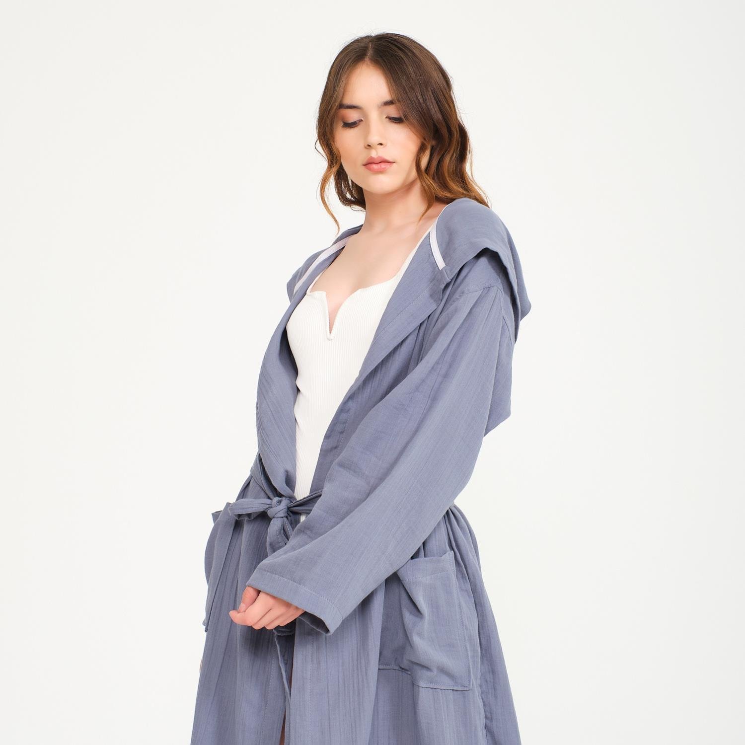 Müslin Bornoz - Pamuklu Kapüşonlu Uzun Kadın Müslin Bornoz Plaj - Miespiga